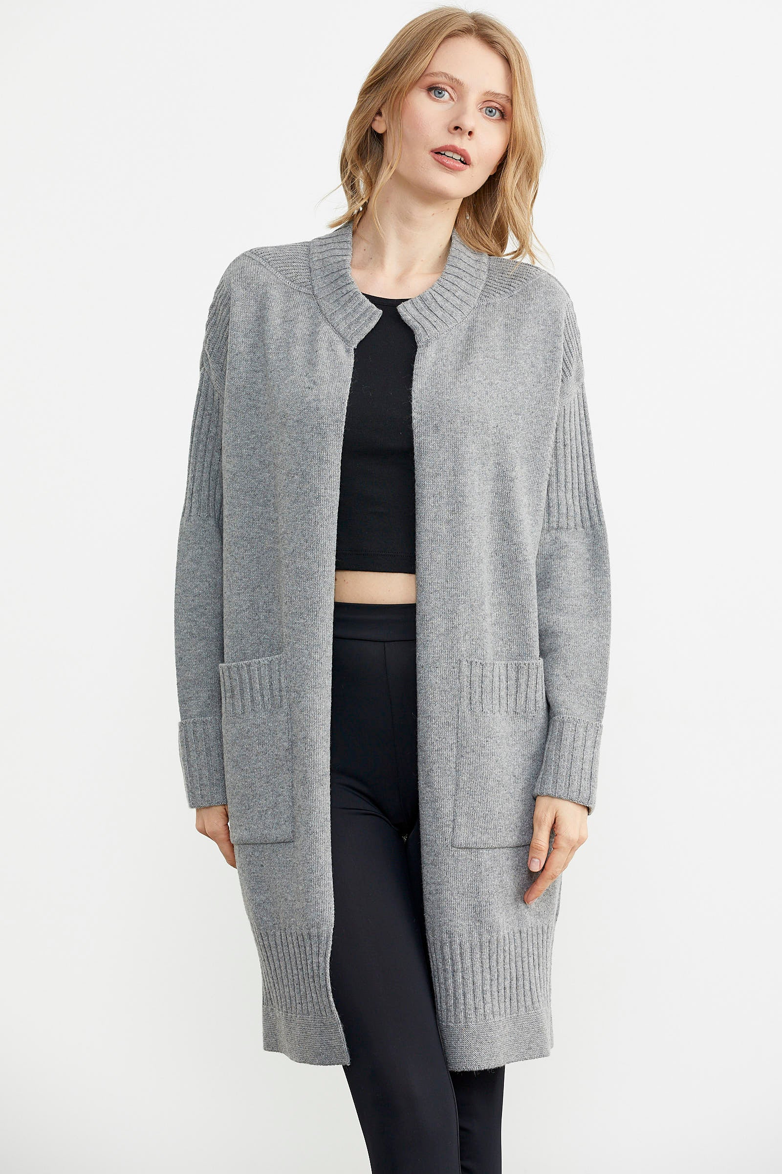 Büyük Beden Uzun Triko Hırka - Gri (3) Sementa