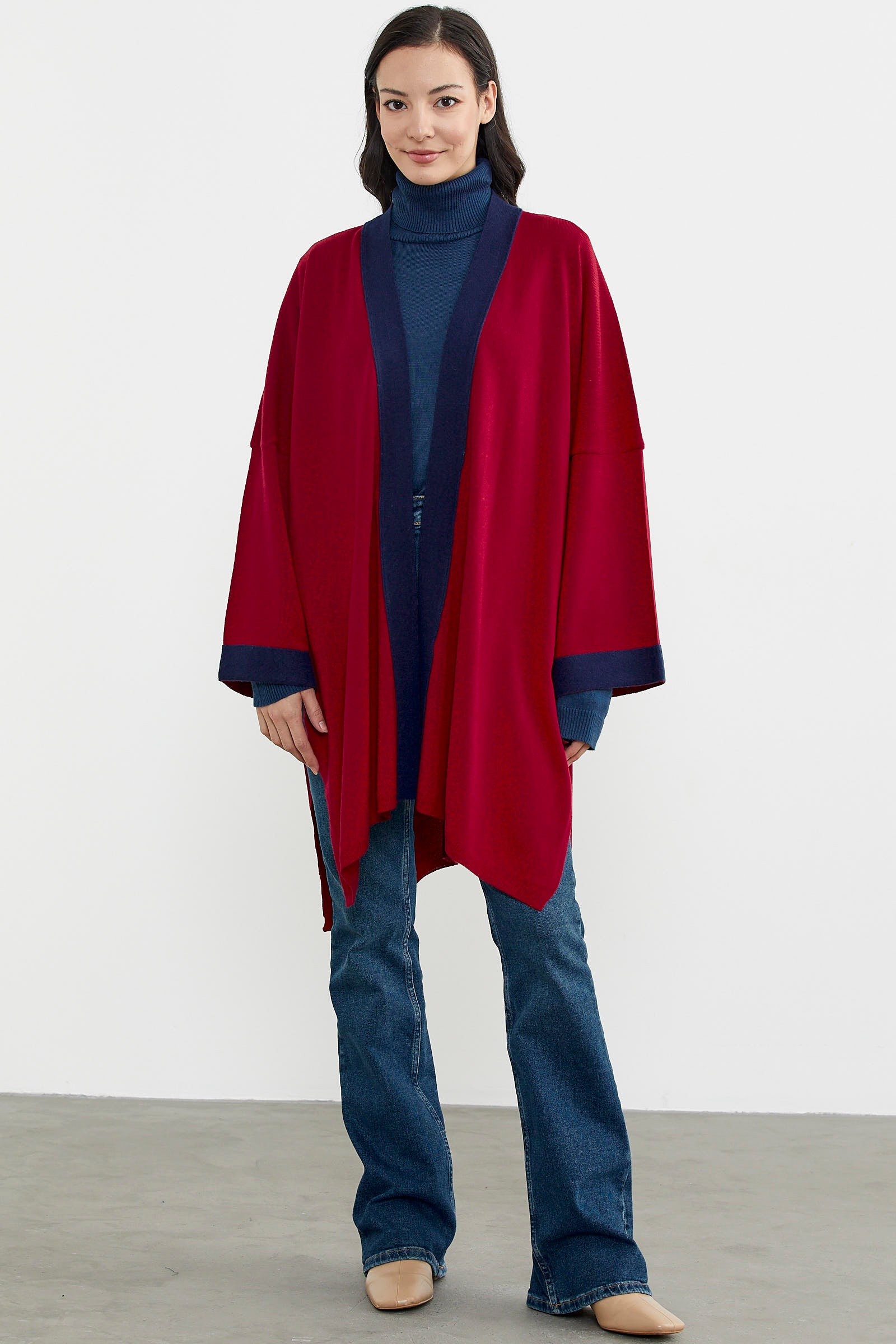 Büyük Beden Uzun Triko Panço - Kırmızı - Lacivert (1) Sementa