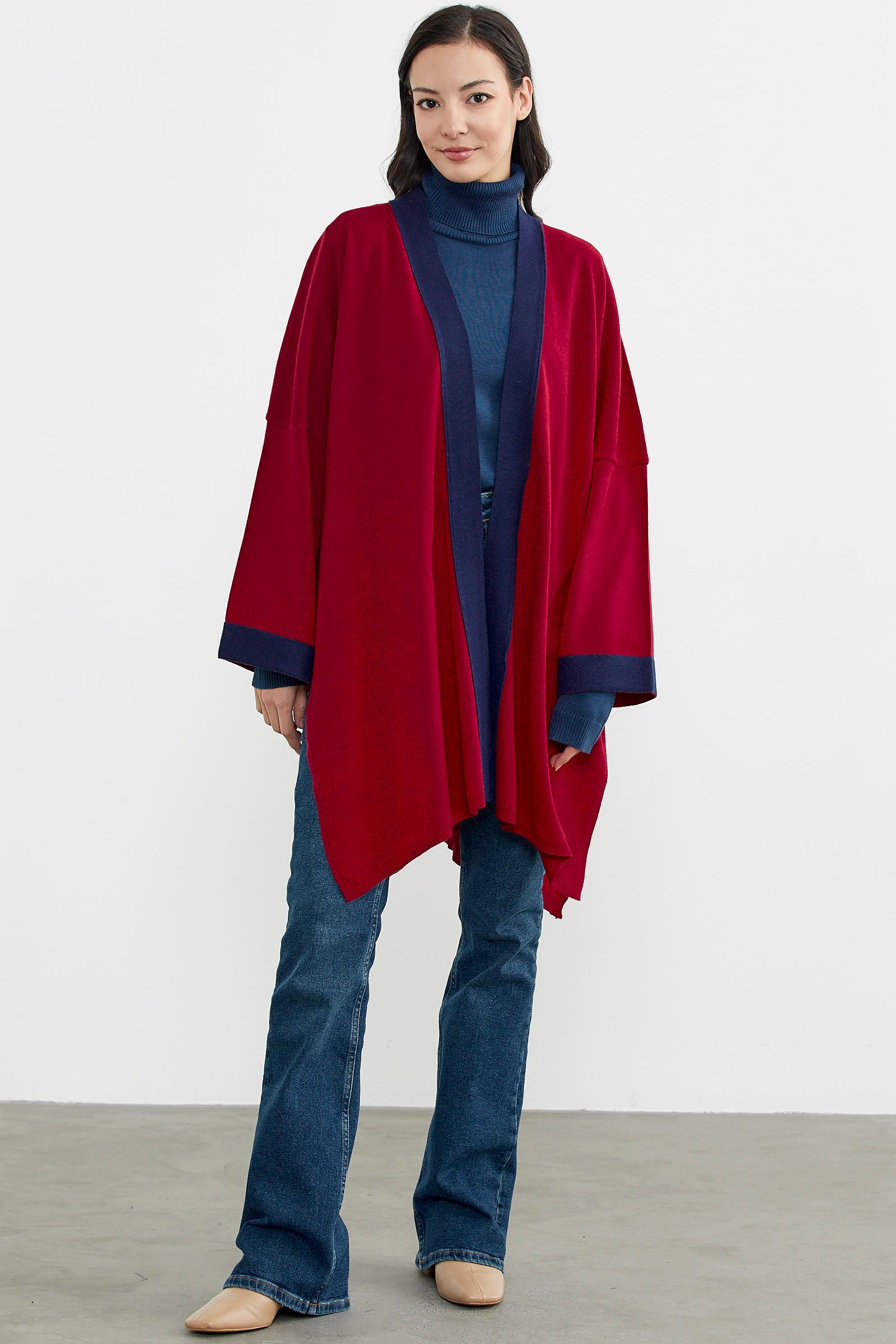 Büyük Beden Uzun Triko Panço - Kırmızı - Lacivert (2) Sementa