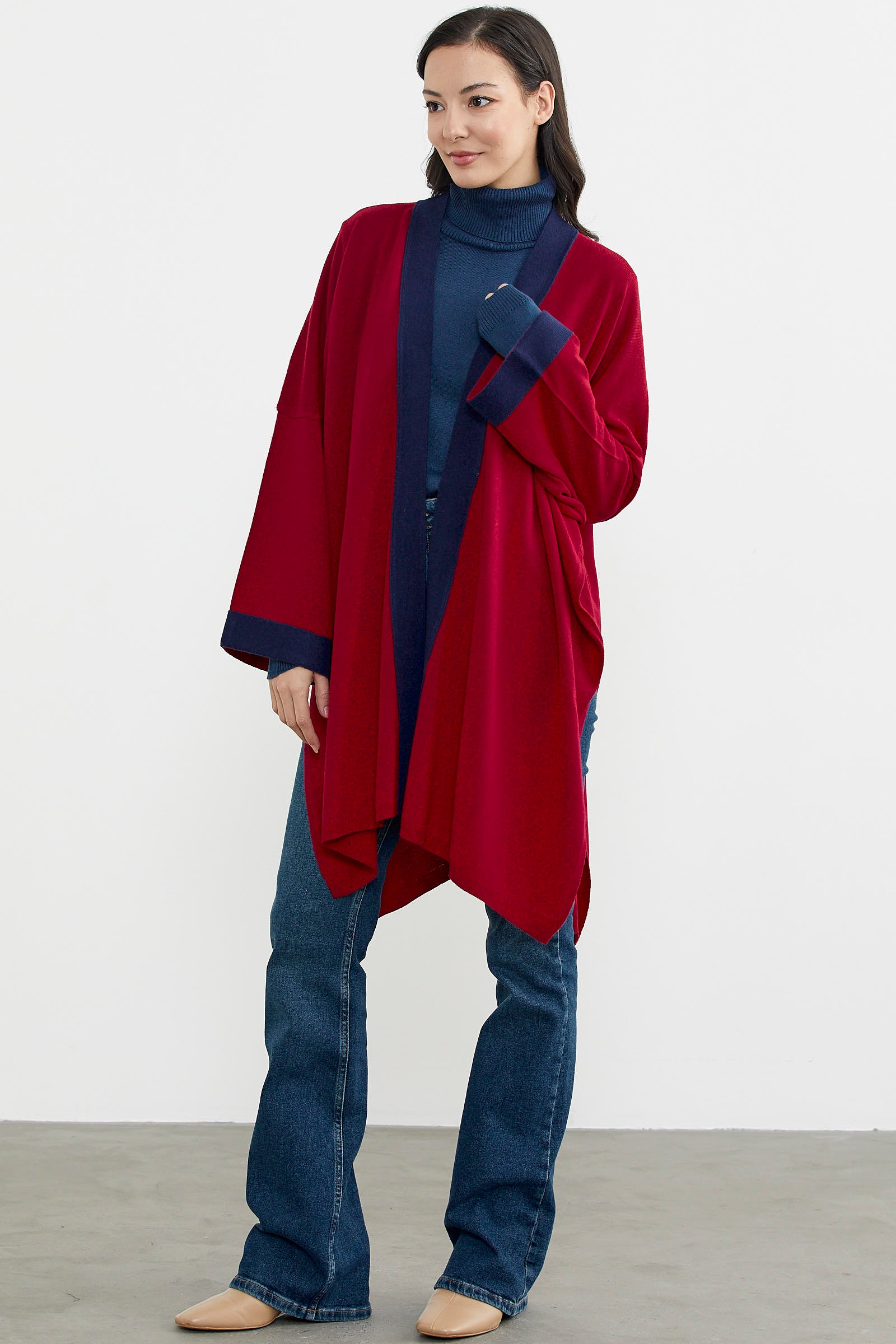 Büyük Beden Uzun Triko Panço - Kırmızı - Lacivert (4) Sementa