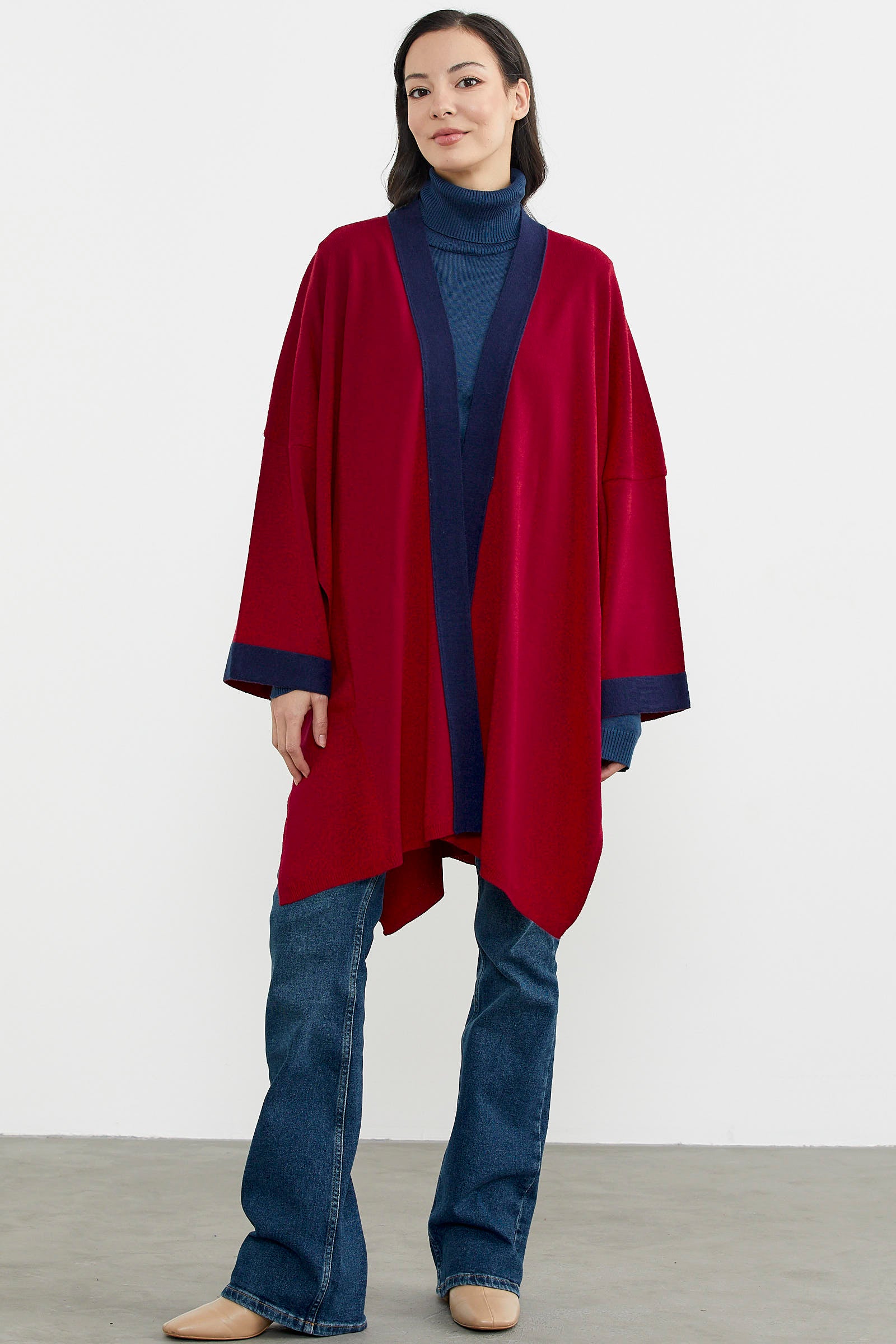 Büyük Beden Uzun Triko Panço - Kırmızı - Lacivert (5) Sementa