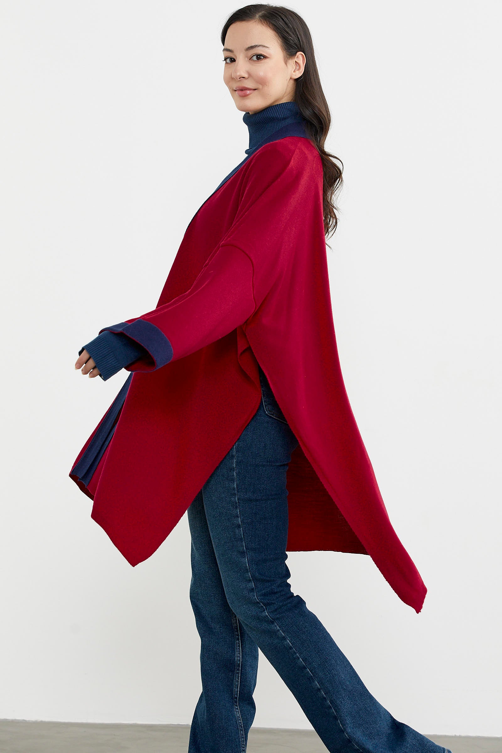 Büyük Beden Uzun Triko Panço - Kırmızı - Lacivert (6) Sementa