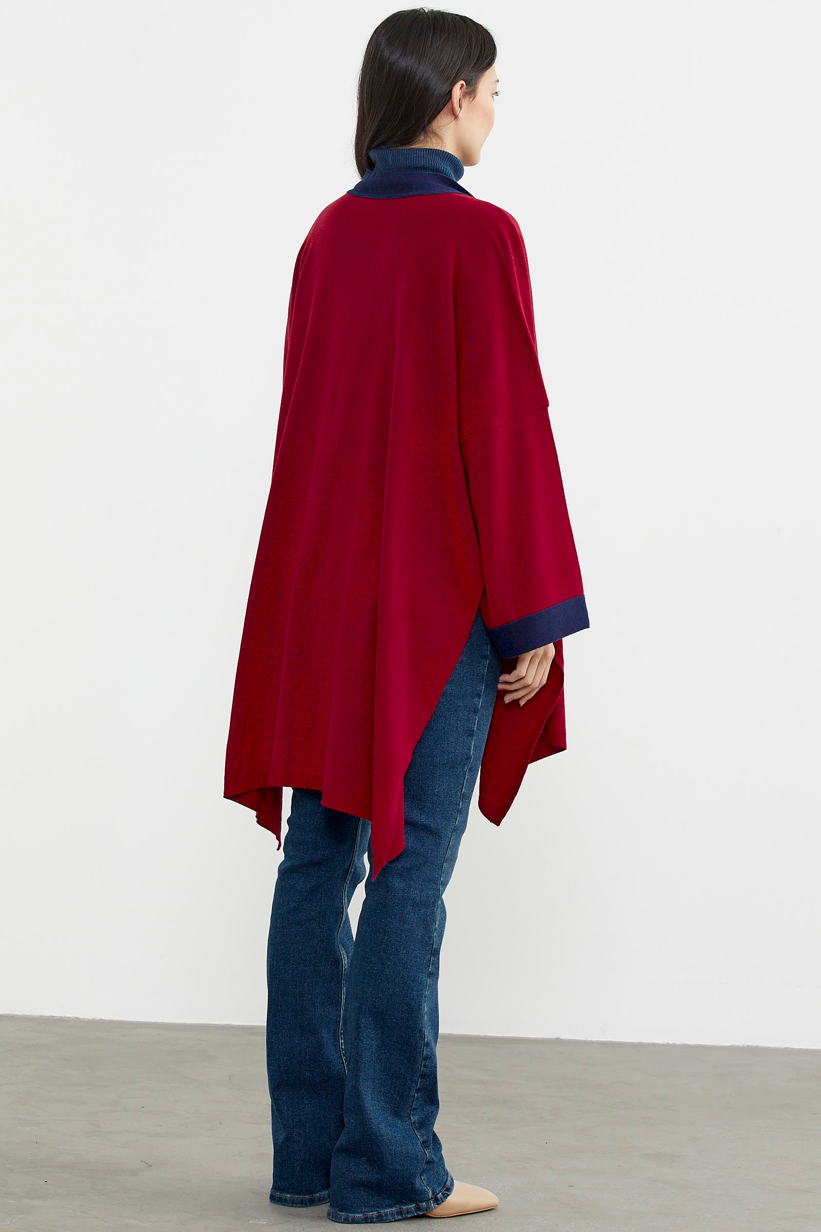 Büyük Beden Uzun Triko Panço - Kırmızı - Lacivert (7) Sementa