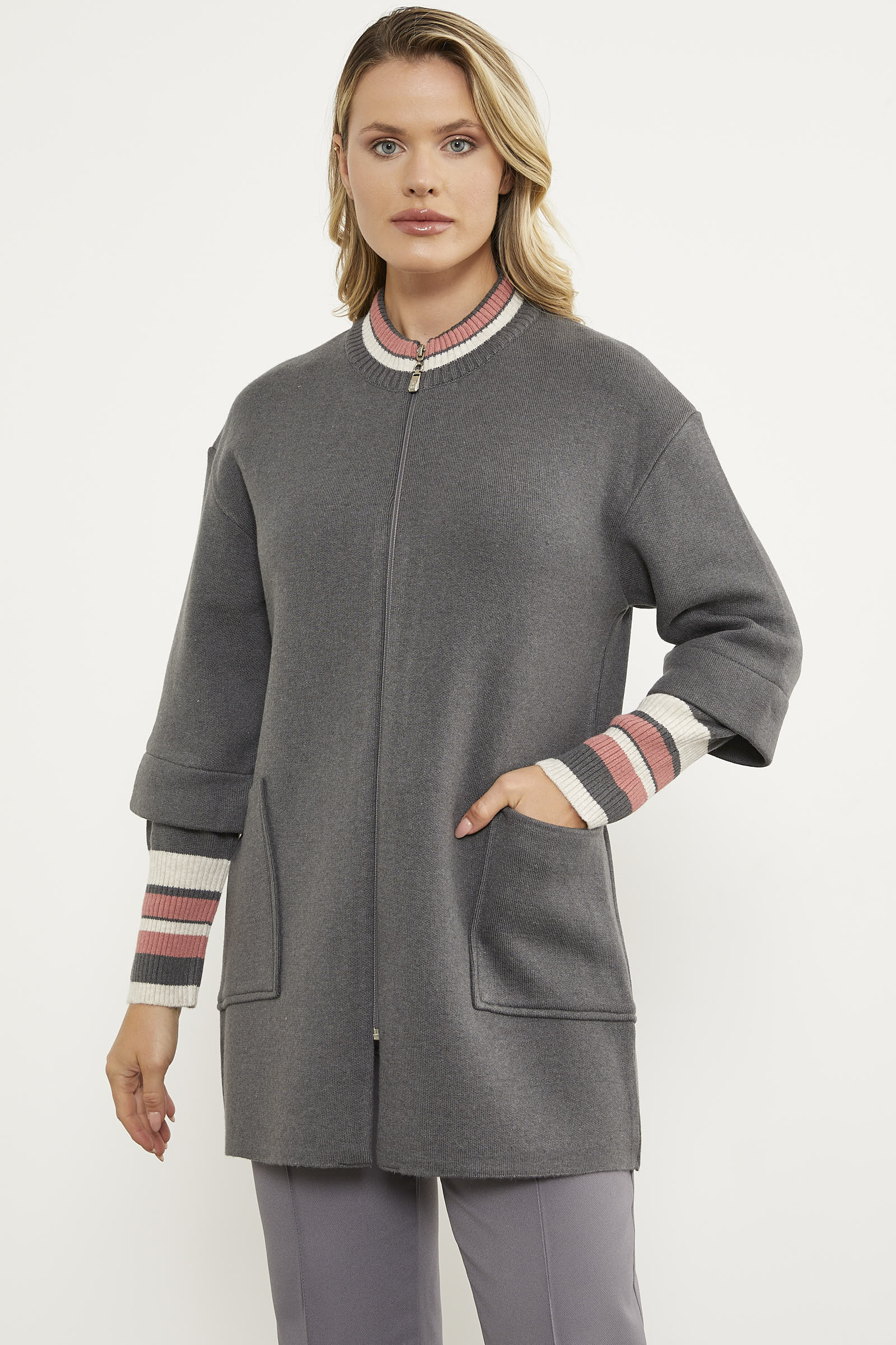 Çelik Örgü Çizgi Detaylı Triko Ceket - Koyu Gri (1) Sementa