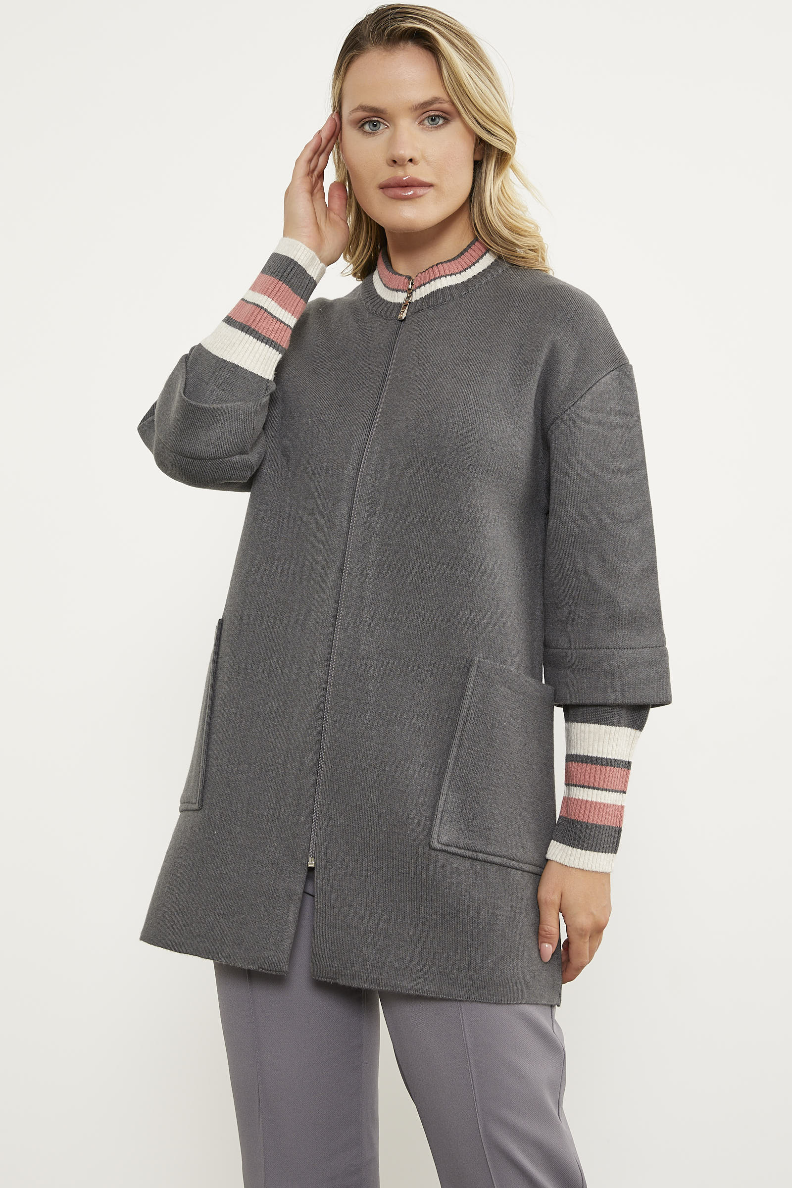 Çelik Örgü Çizgi Detaylı Triko Ceket - Koyu Gri (2) Sementa