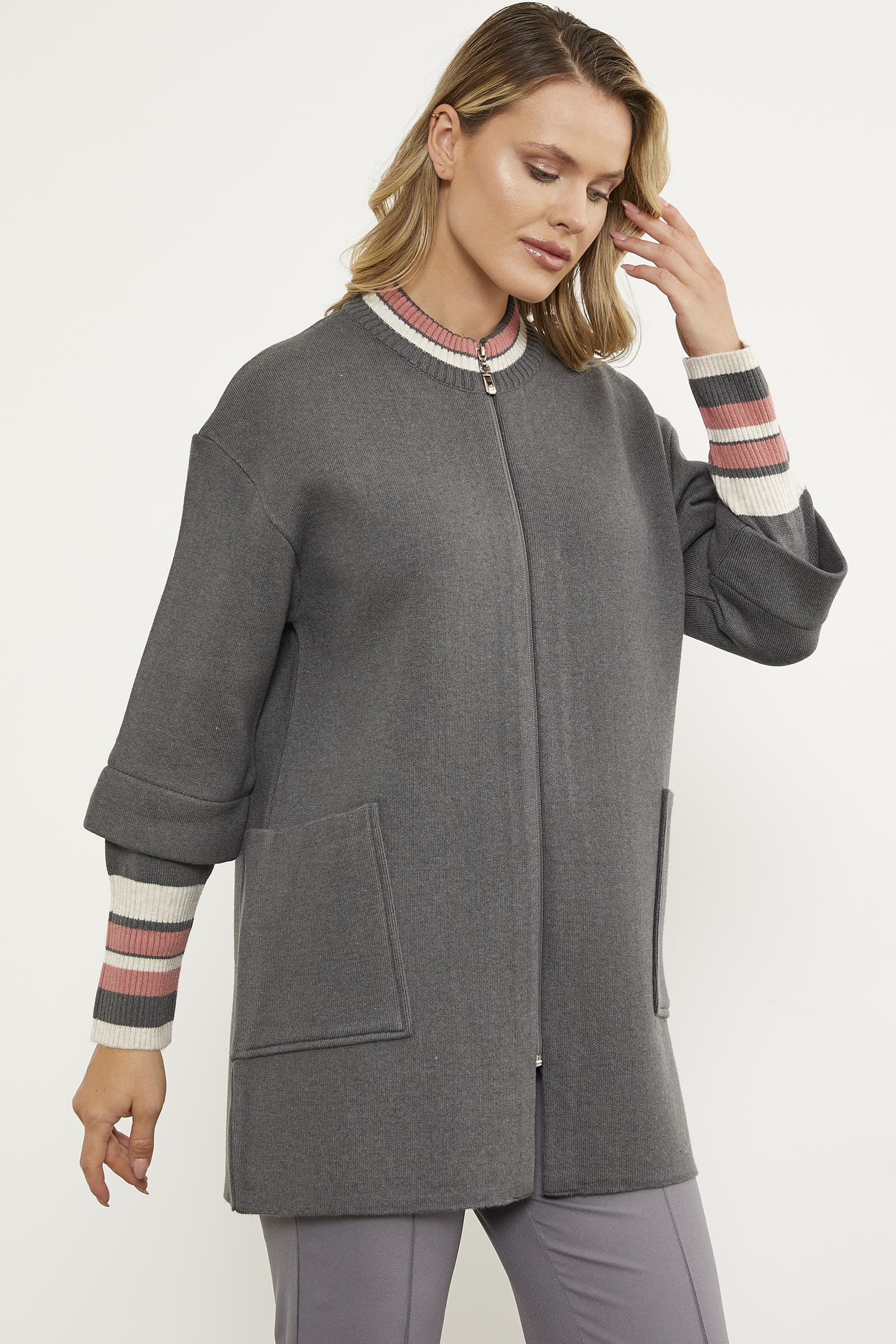 Çelik Örgü Çizgi Detaylı Triko Ceket - Koyu Gri (3) Sementa