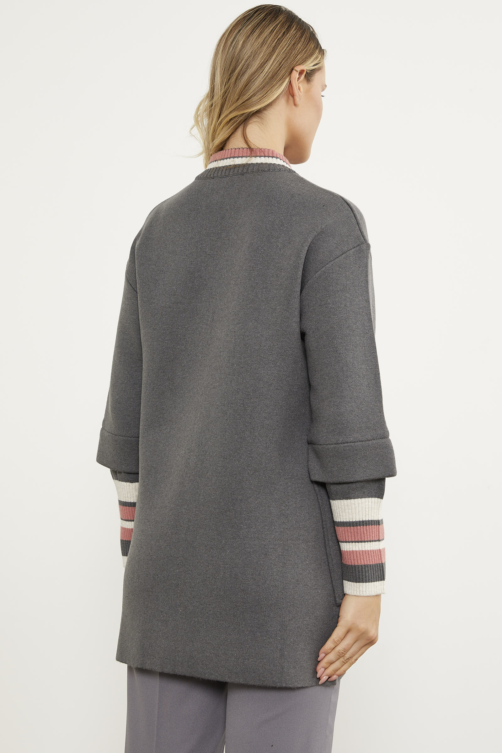 Çelik Örgü Çizgi Detaylı Triko Ceket - Koyu Gri (5) Sementa