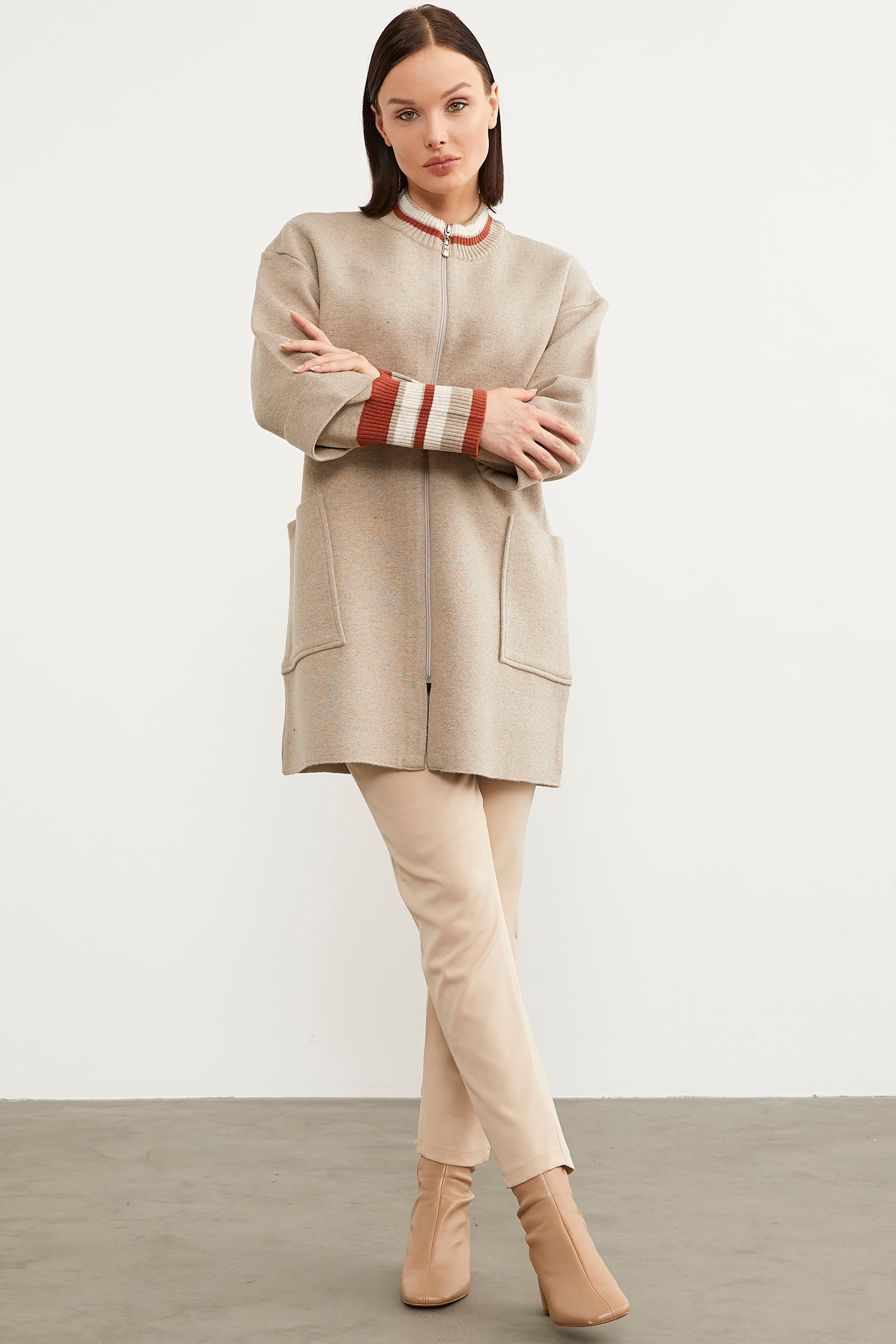 Çelik Örgü Çizgi Detaylı Triko Ceket - Vizon (3) Sementa