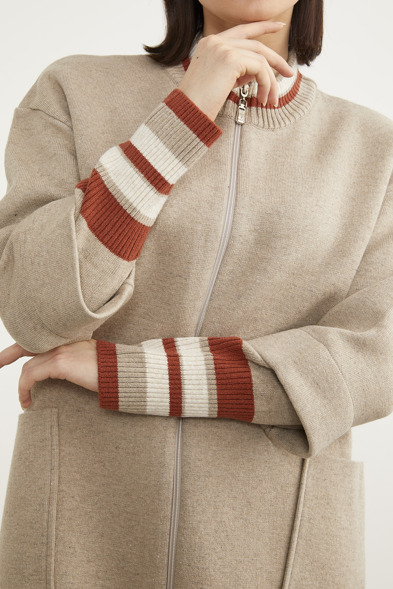 Çelik Örgü Çizgi Detaylı Triko Ceket - Vizon (7) Sementa