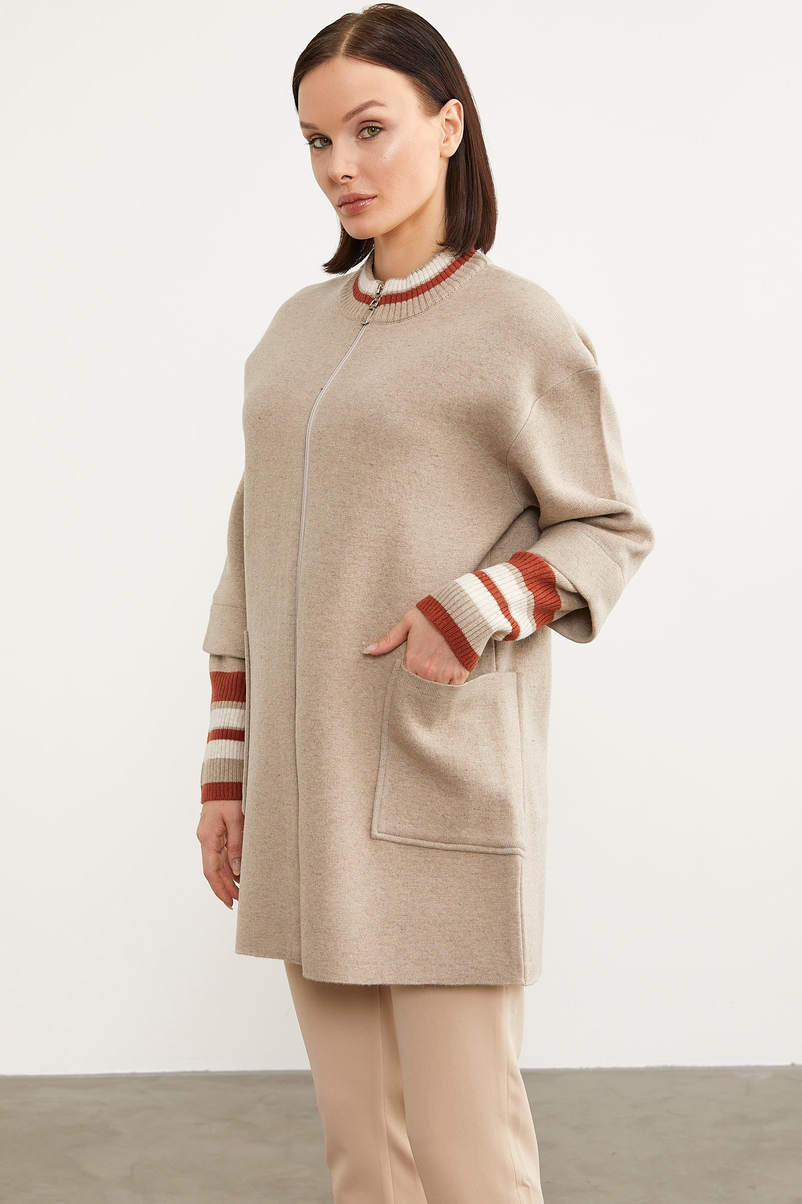 Çelik Örgü Çizgi Detaylı Triko Ceket - Vizon (6) Sementa