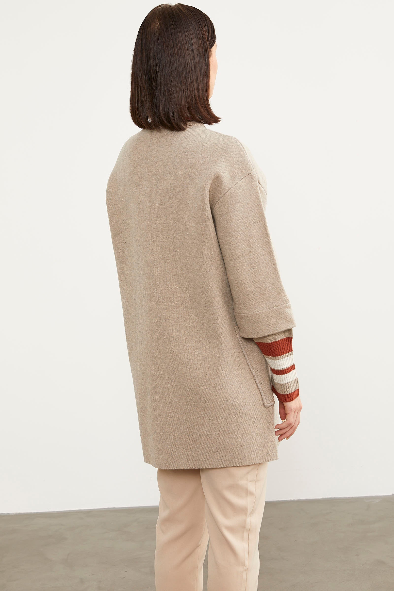 Çelik Örgü Çizgi Detaylı Triko Ceket - Vizon (8) Sementa