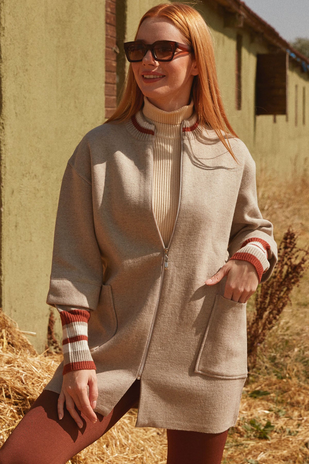 Çelik Örgü Çizgi Detaylı Triko Ceket - Vizon (1) Sementa