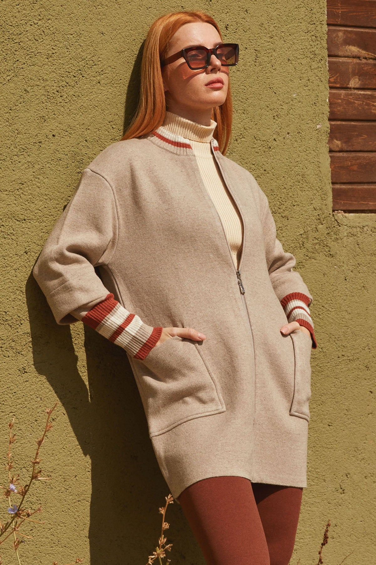 Çelik Örgü Çizgi Detaylı Triko Ceket - Vizon (2) Sementa