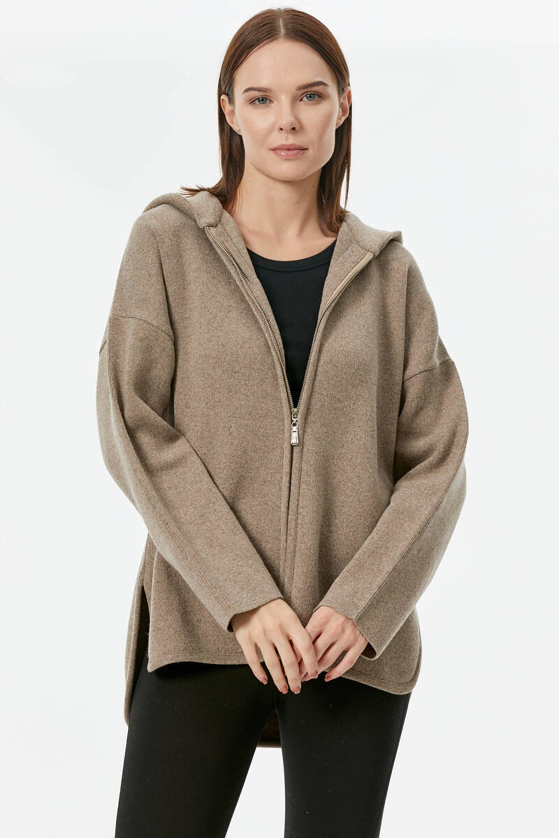 Çelik Örgü Fermuarlı Kapüşonlu Triko Ceket - Kahve (2) Sementa