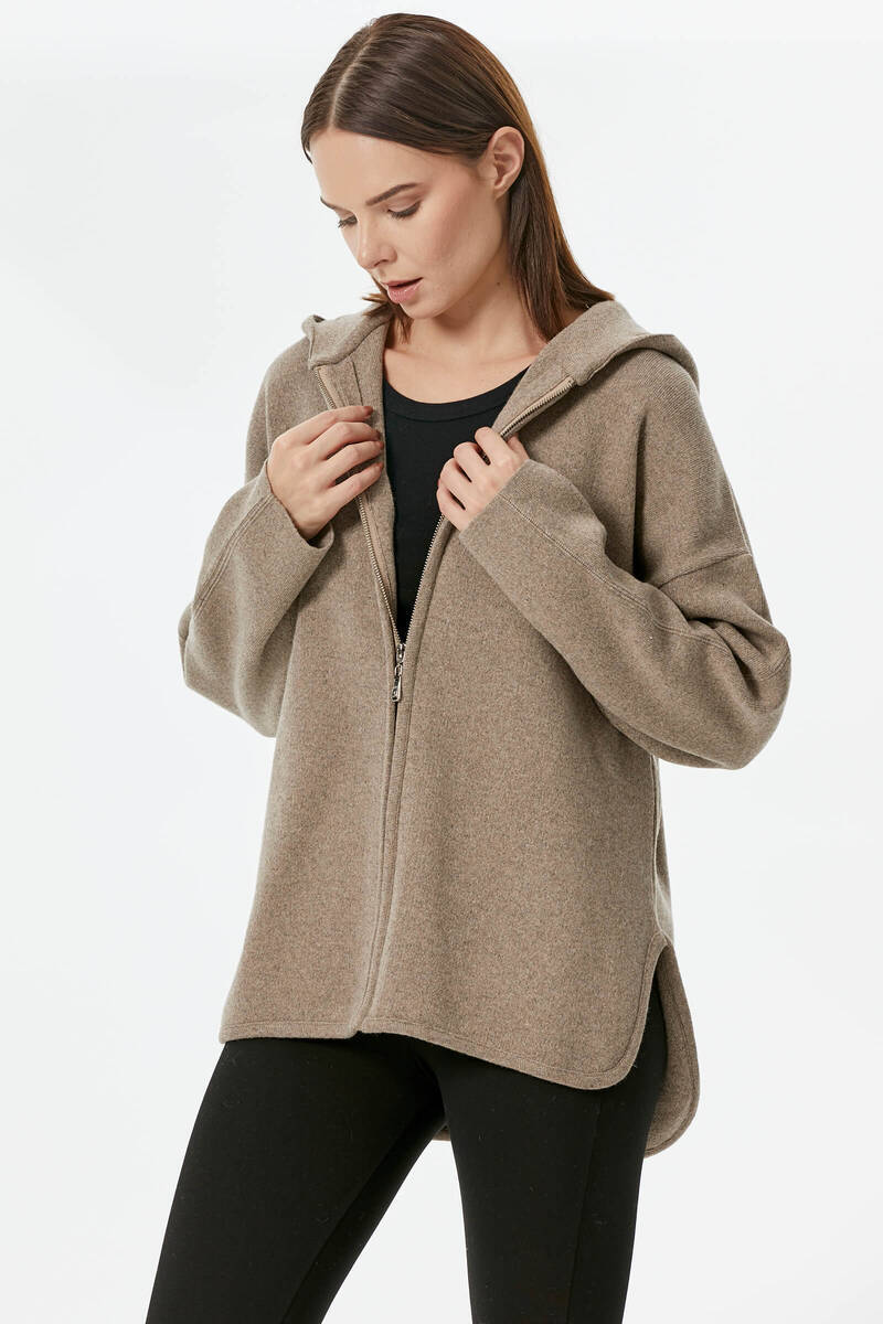Çelik Örgü Fermuarlı Kapüşonlu Triko Ceket - Kahve (3) Sementa