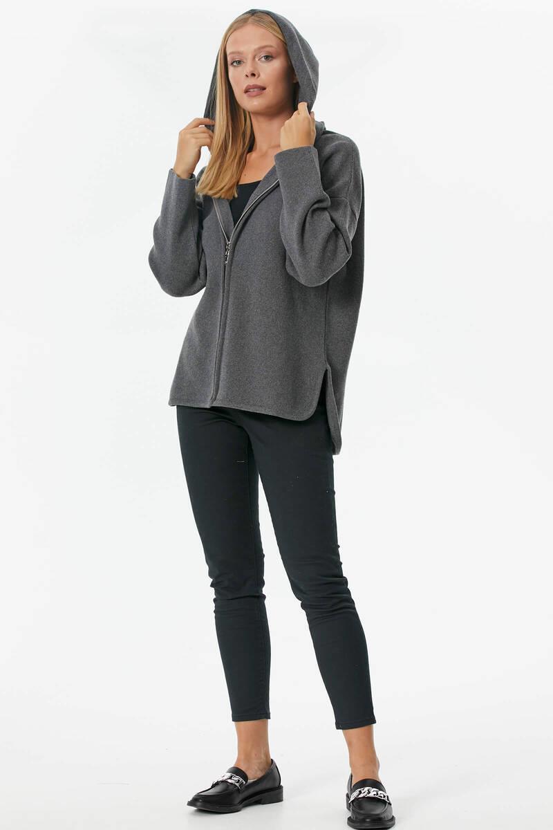 Çelik Örgü Fermuarlı Kapüşonlu Triko Ceket - Koyu Gri (4) Sementa