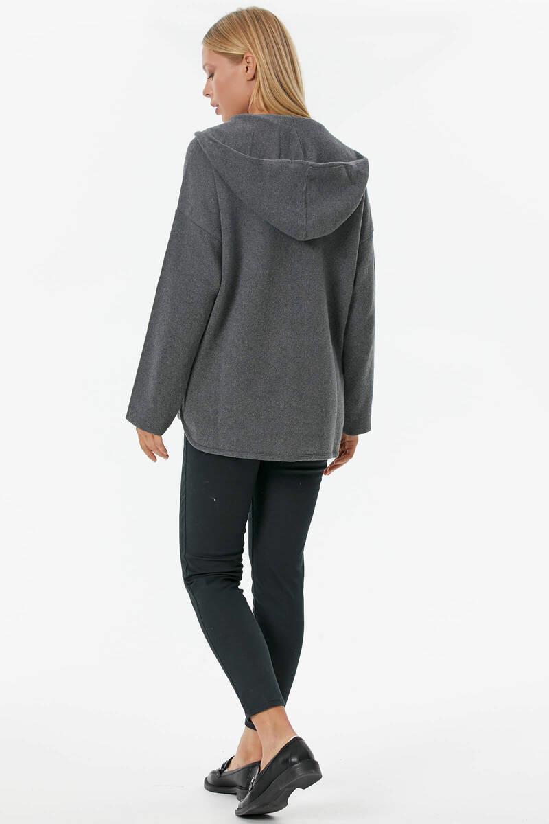 Çelik Örgü Fermuarlı Kapüşonlu Triko Ceket - Koyu Gri (5) Sementa