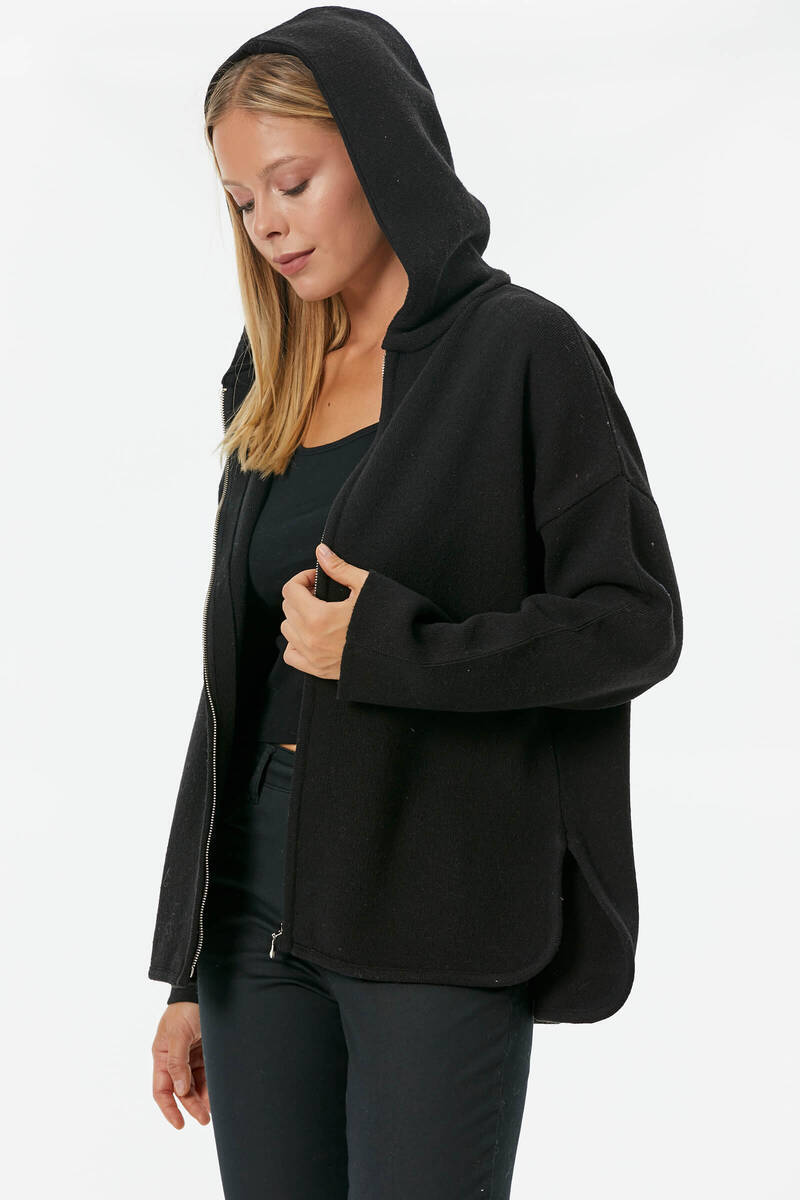 Çelik Örgü Fermuarlı Kapüşonlu Triko Ceket - Siyah (4) Sementa