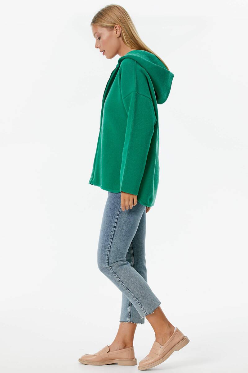 Çelik Örgü Fermuarlı Kapüşonlu Triko Ceket - Yeşil (4) Sementa
