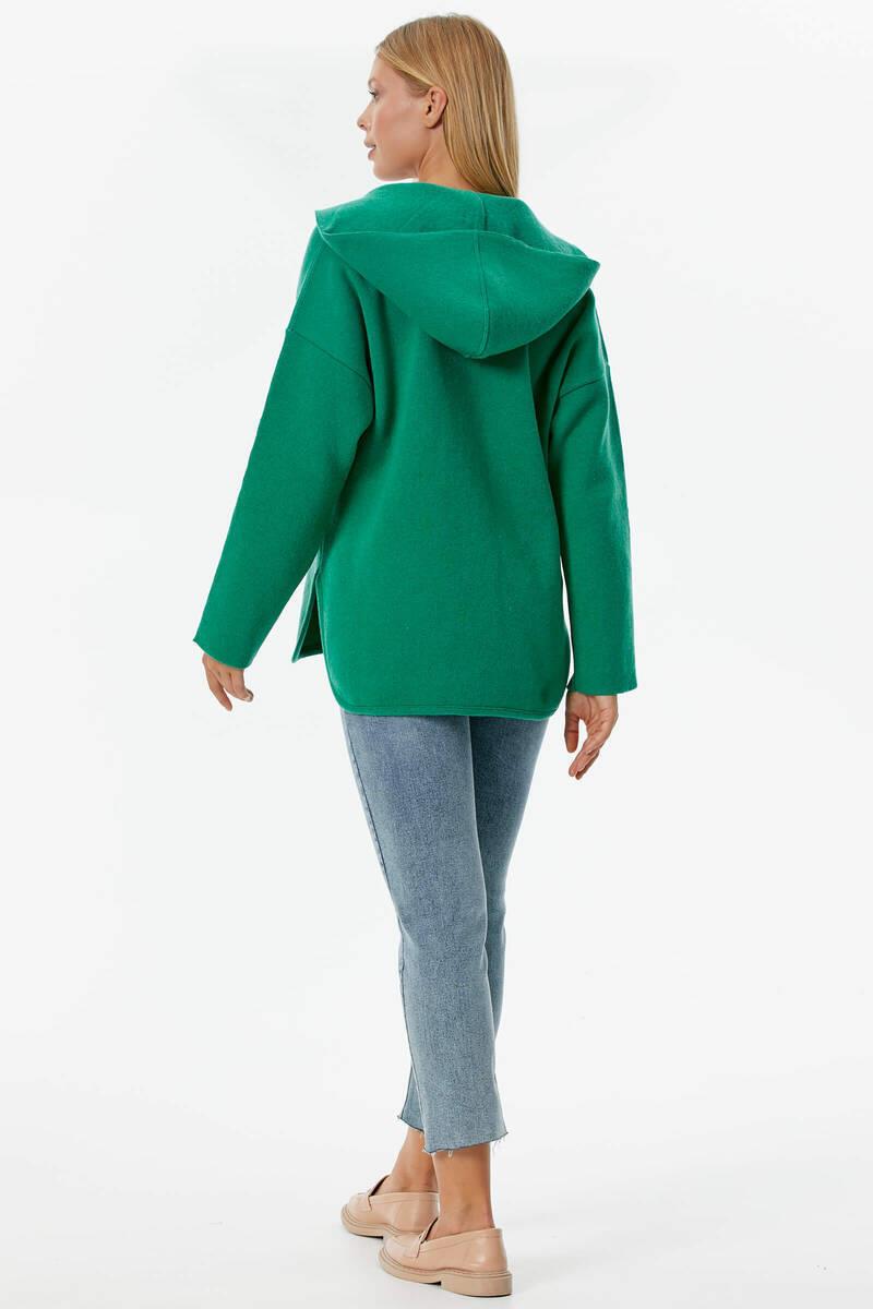 Çelik Örgü Fermuarlı Kapüşonlu Triko Ceket - Yeşil (5) Sementa