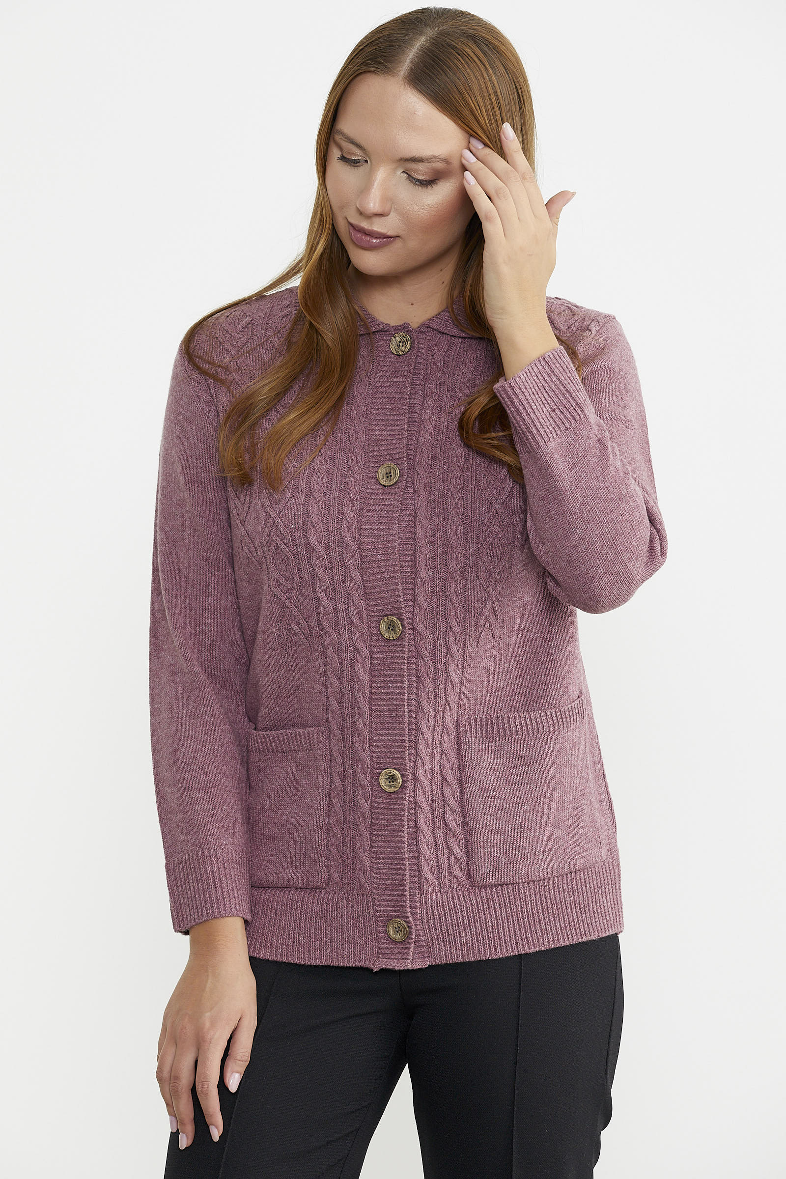 Cep Detaylı Düğmeli Yünlü Triko Hırka - Gül - Sementa