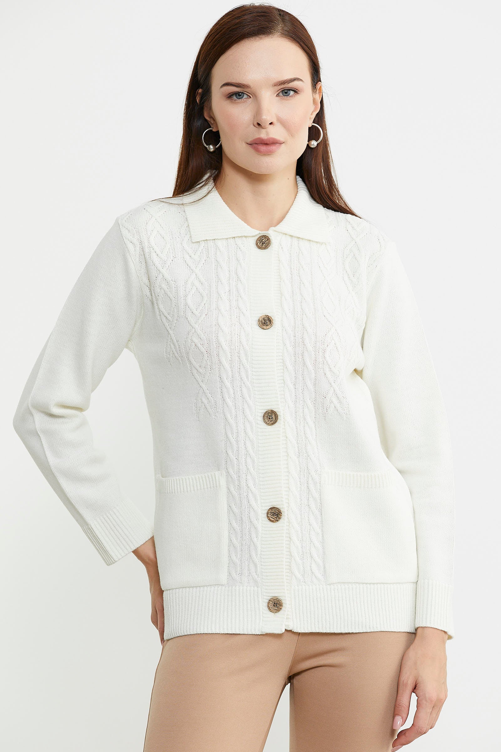 Cep Detaylı Düğmeli Yünlü Triko Hırka - Kemik - Sementa