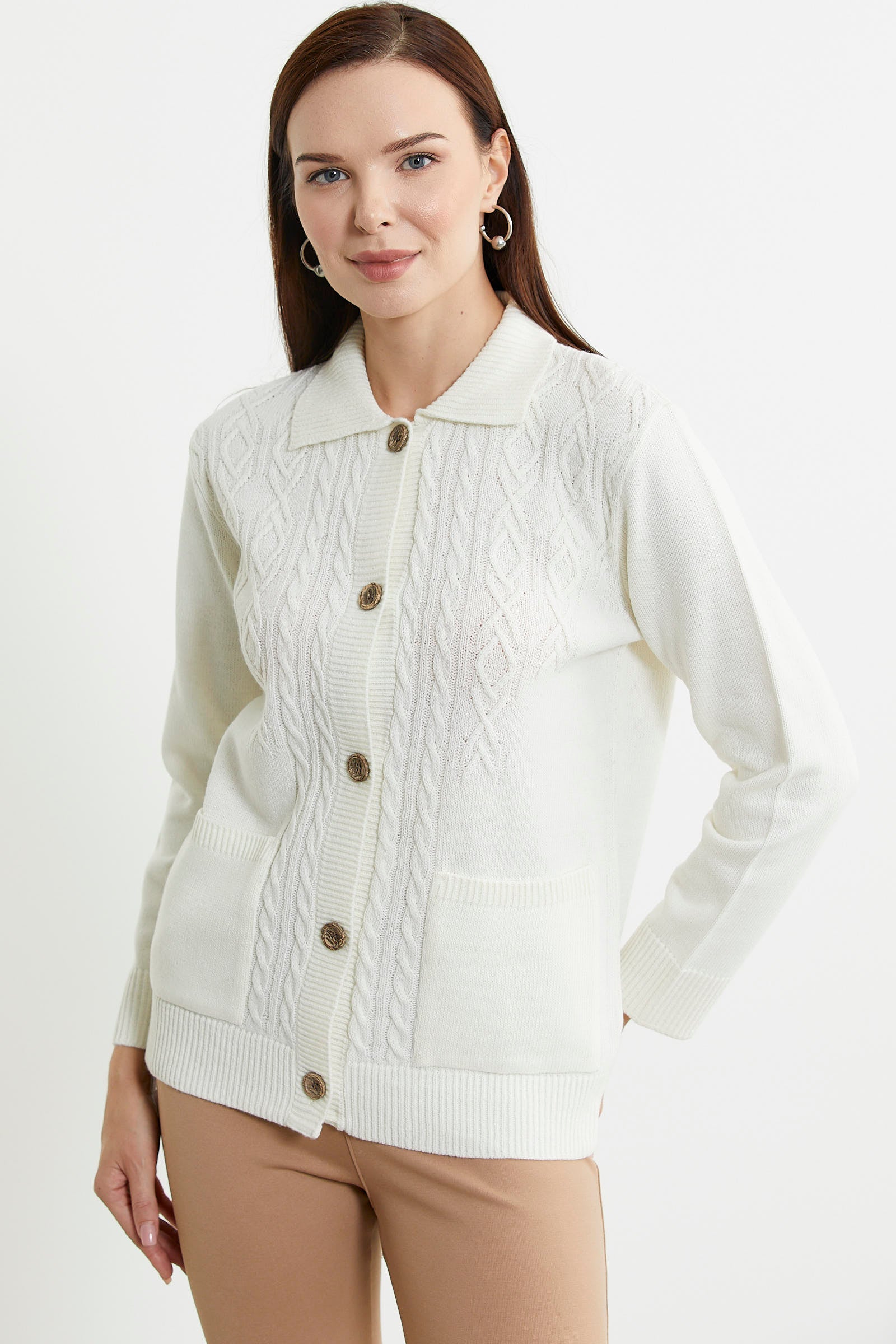 Cep Detaylı Düğmeli Yünlü Triko Hırka - Kemik - Sementa