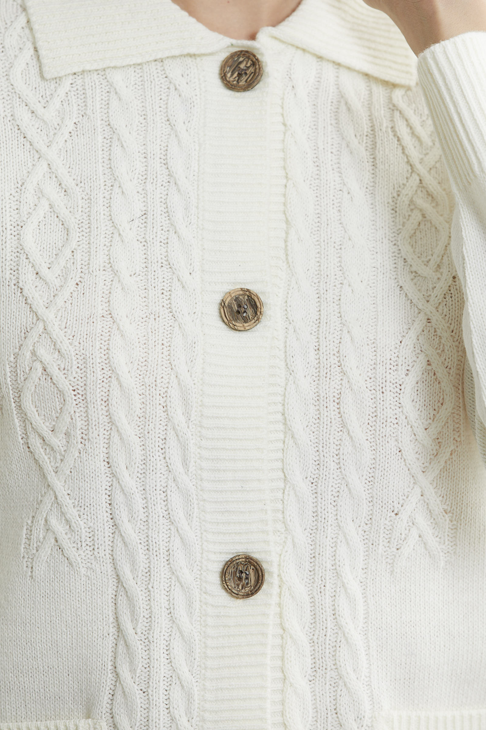 Cep Detaylı Düğmeli Yünlü Triko Hırka - Kemik - Sementa