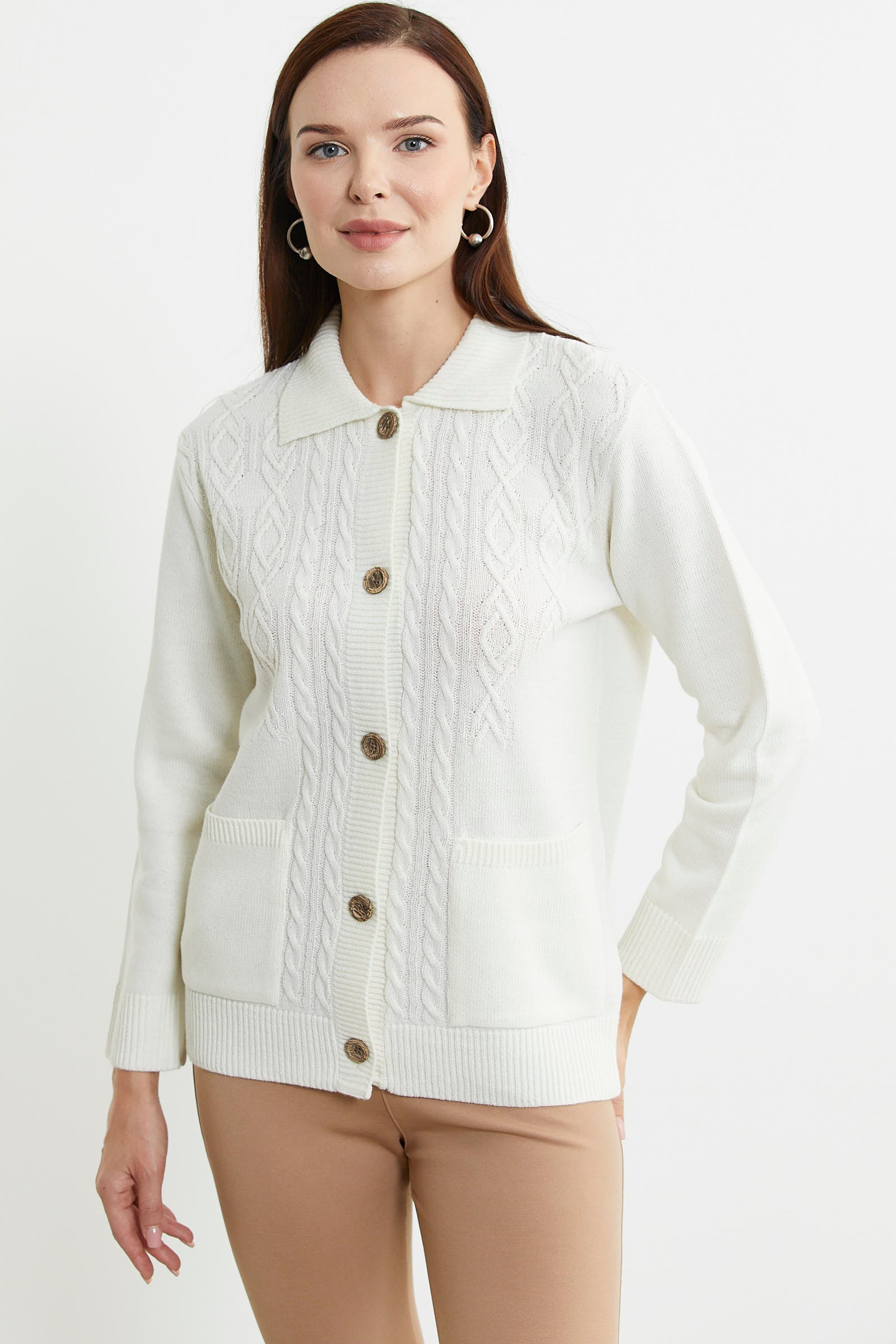 Cep Detaylı Düğmeli Yünlü Triko Hırka - Kemik - Sementa