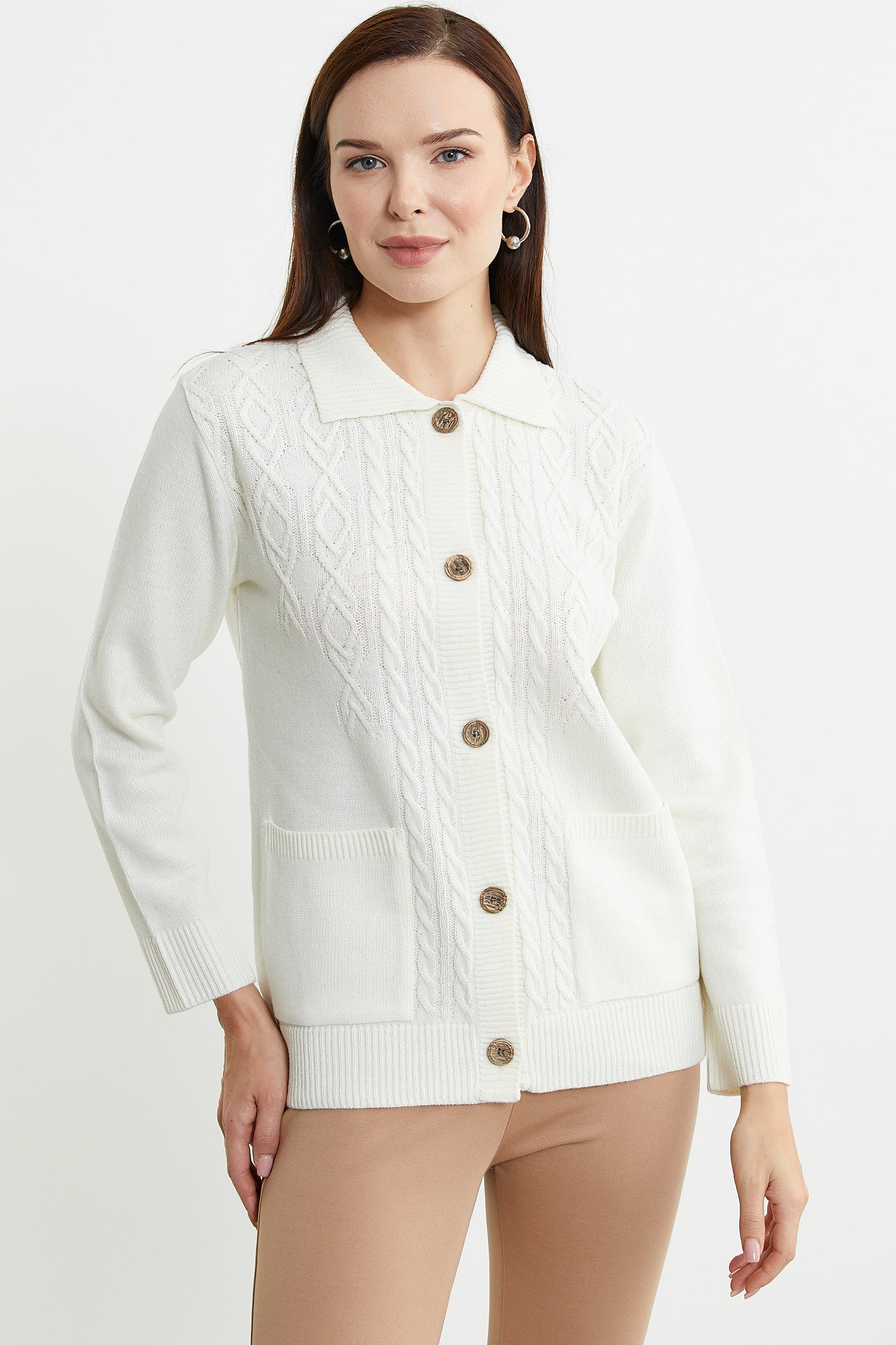 Cep Detaylı Düğmeli Yünlü Triko Hırka - Kemik - Sementa