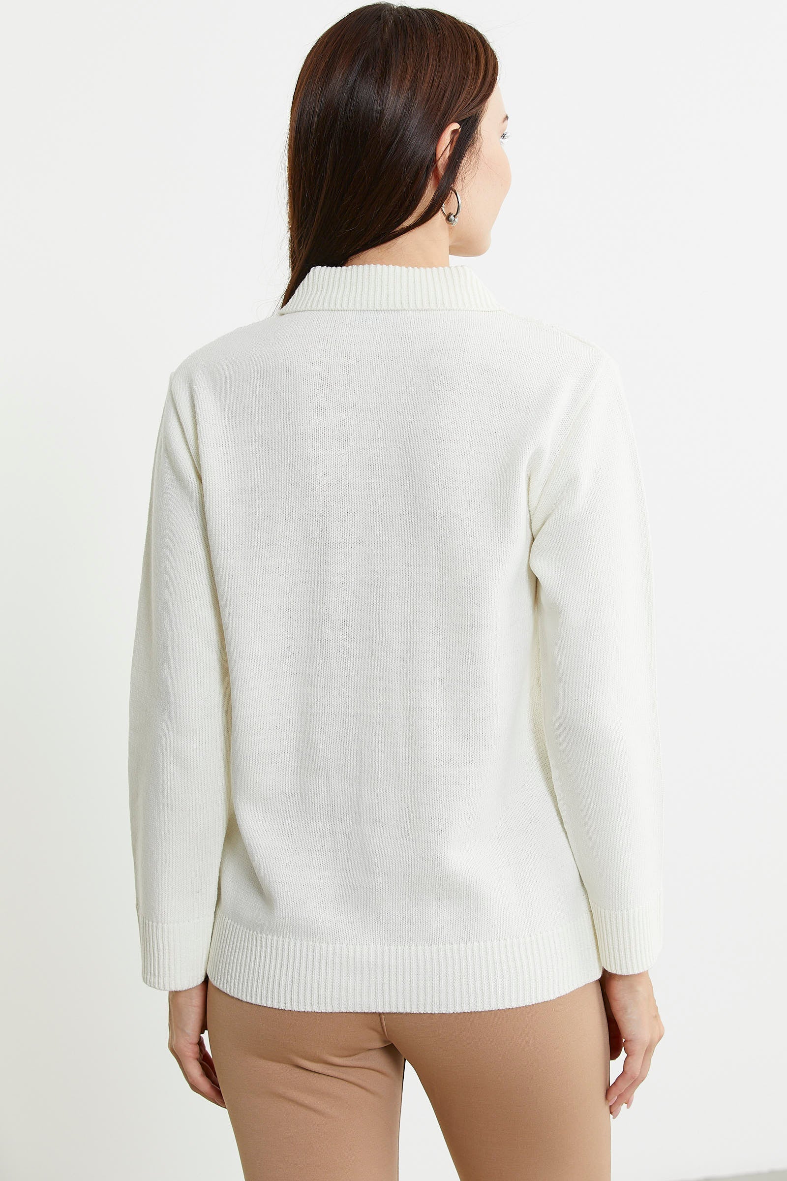 Cep Detaylı Düğmeli Yünlü Triko Hırka - Kemik - Sementa