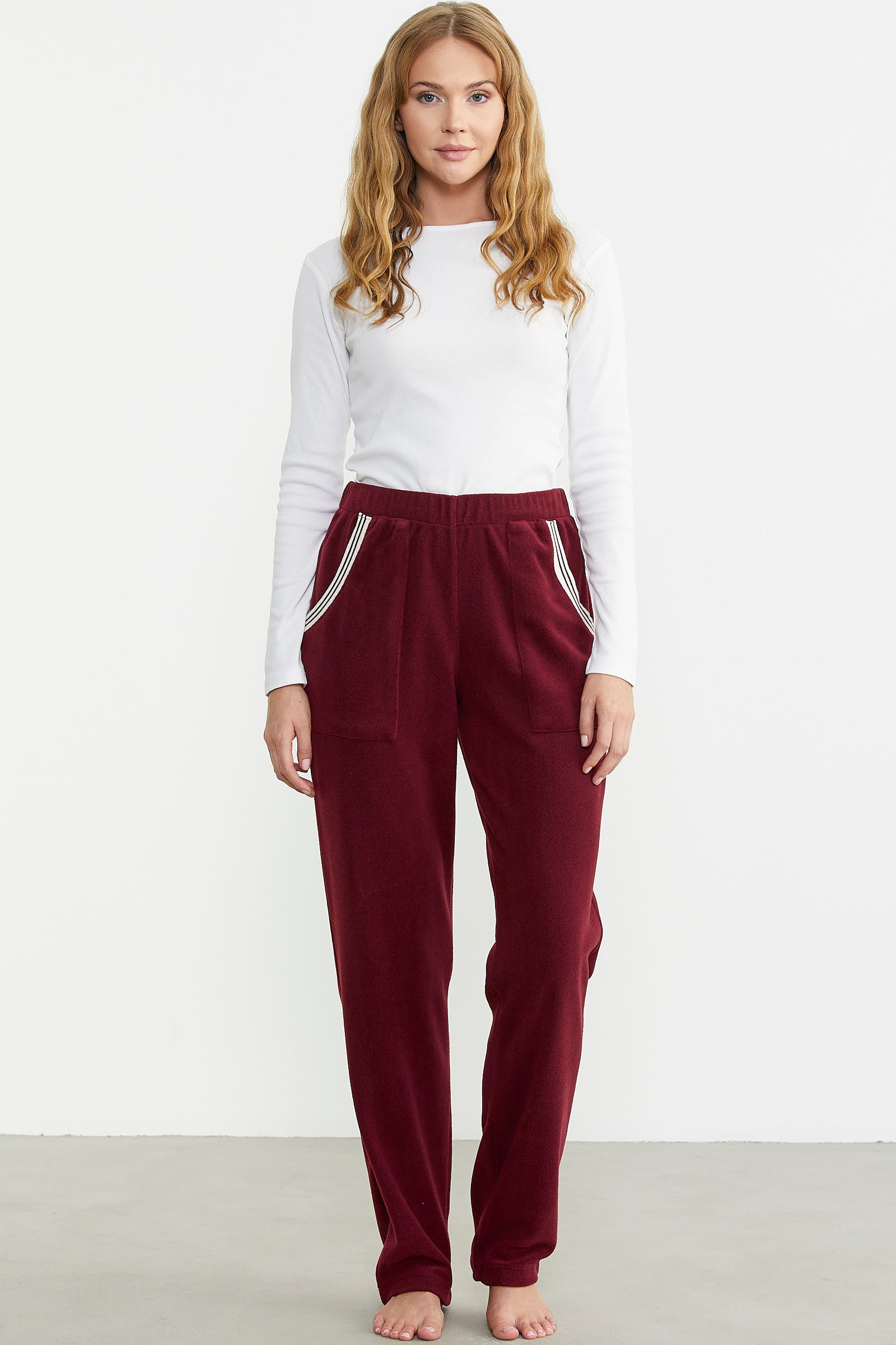 Cep Detaylı Düz Renk Polar Eşofman Altı - Bordo - Sementa