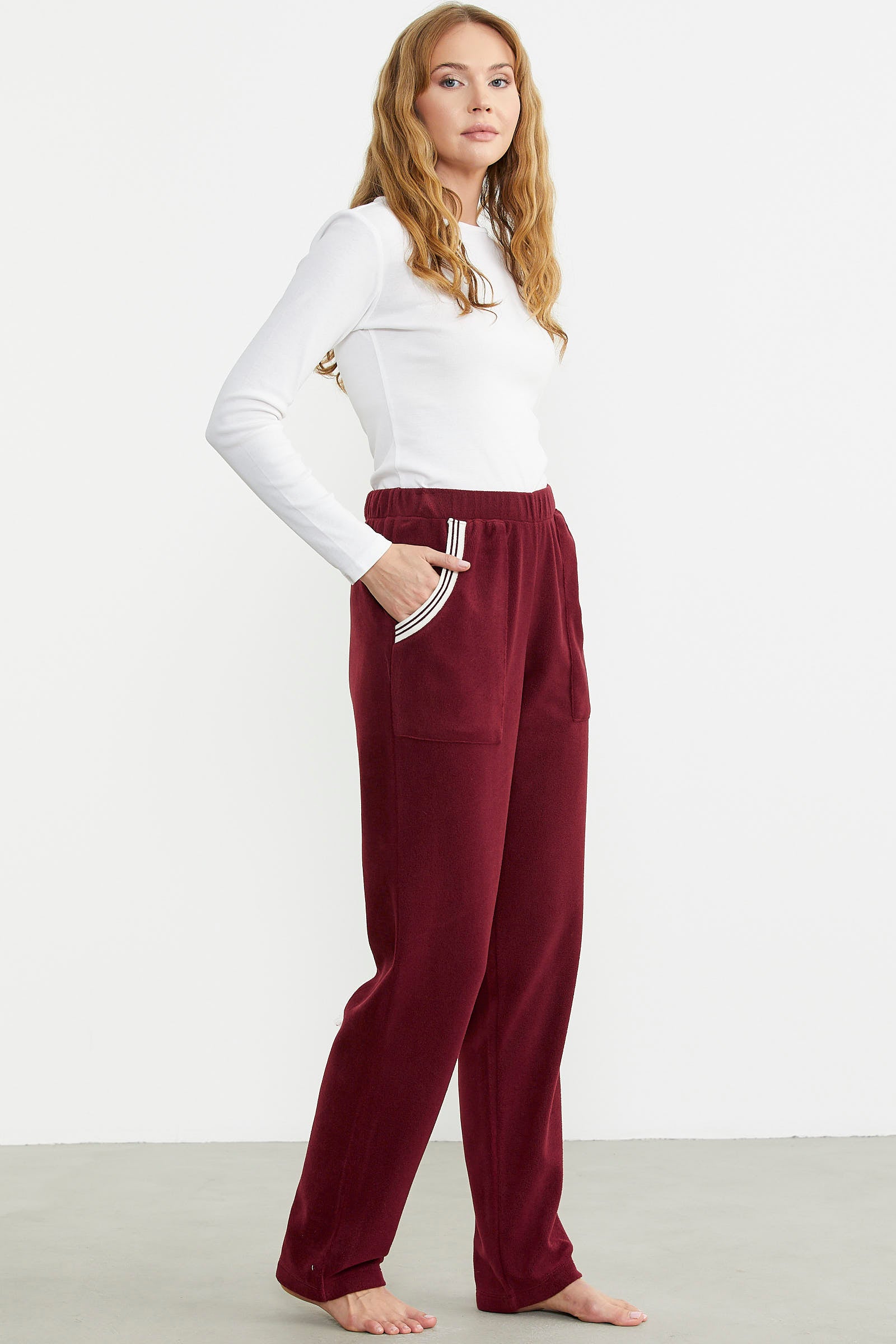 Cep Detaylı Düz Renk Polar Eşofman Altı - Bordo - Sementa