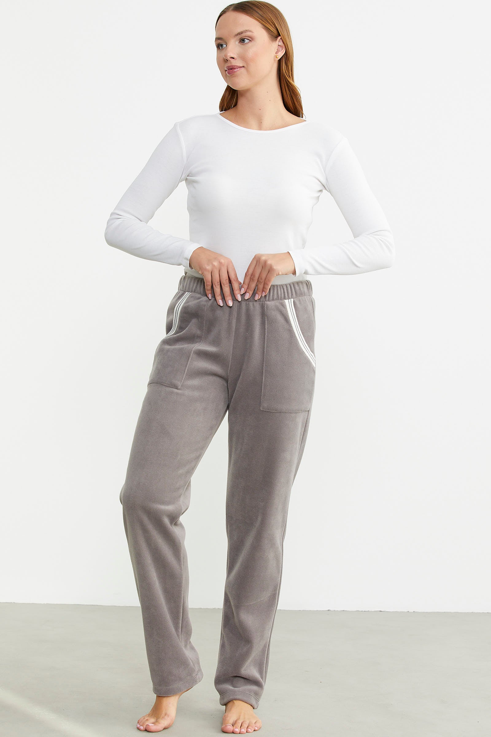 Cep Detaylı Düz Renk Polar Eşofman Altı - Gri - Sementa