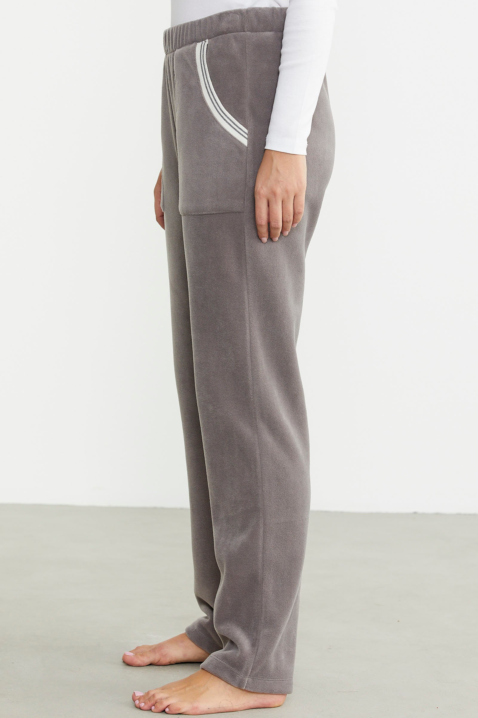 Cep Detaylı Düz Renk Polar Eşofman Altı - Gri - Sementa