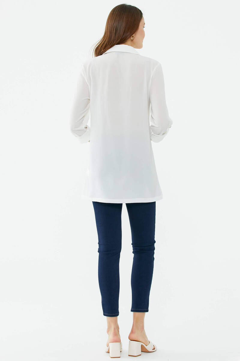 Cep Detaylı Krep Uzun Gömlek - Ekru (5) Sementa