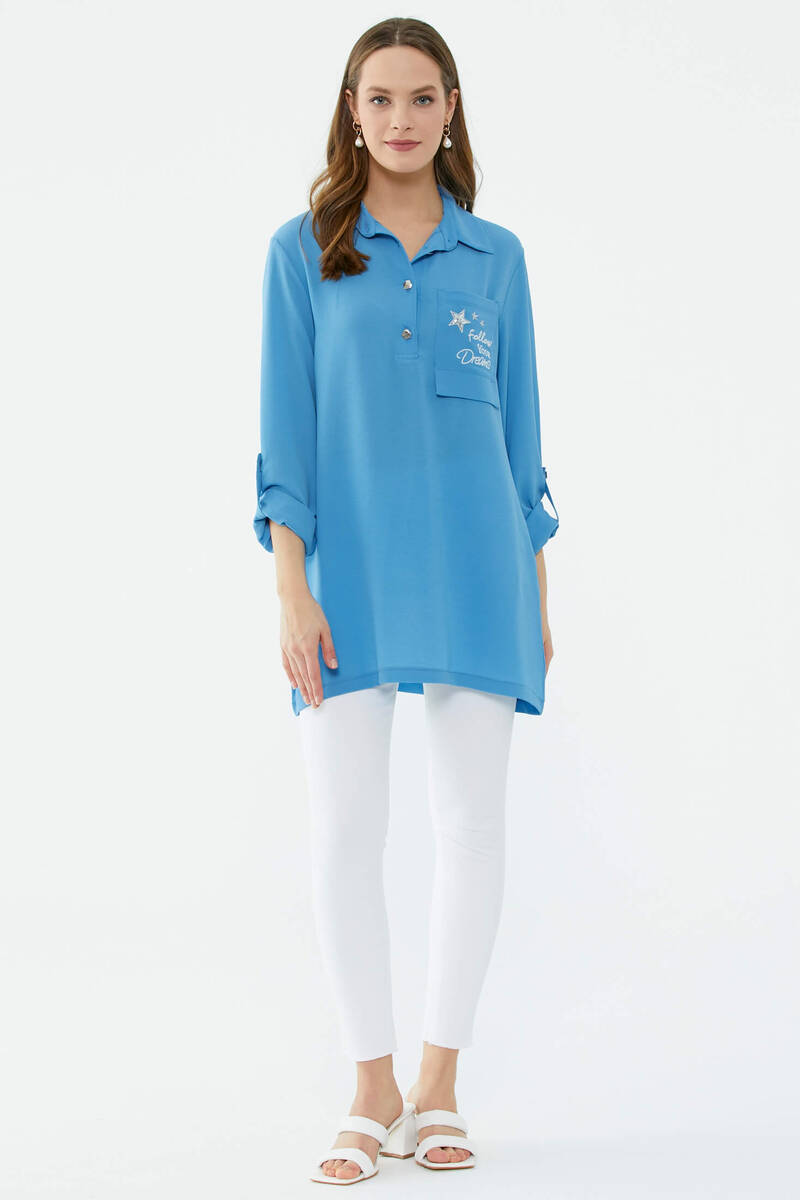 Cep Detaylı Krep Uzun Gömlek - Koyu Mavi (1) Sementa