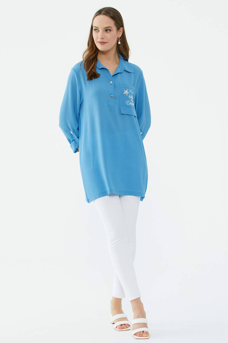 Cep Detaylı Krep Uzun Gömlek - Koyu Mavi (2) Sementa