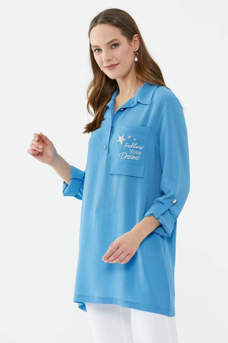 Cep Detaylı Krep Uzun Gömlek - Koyu Mavi (3) Sementa