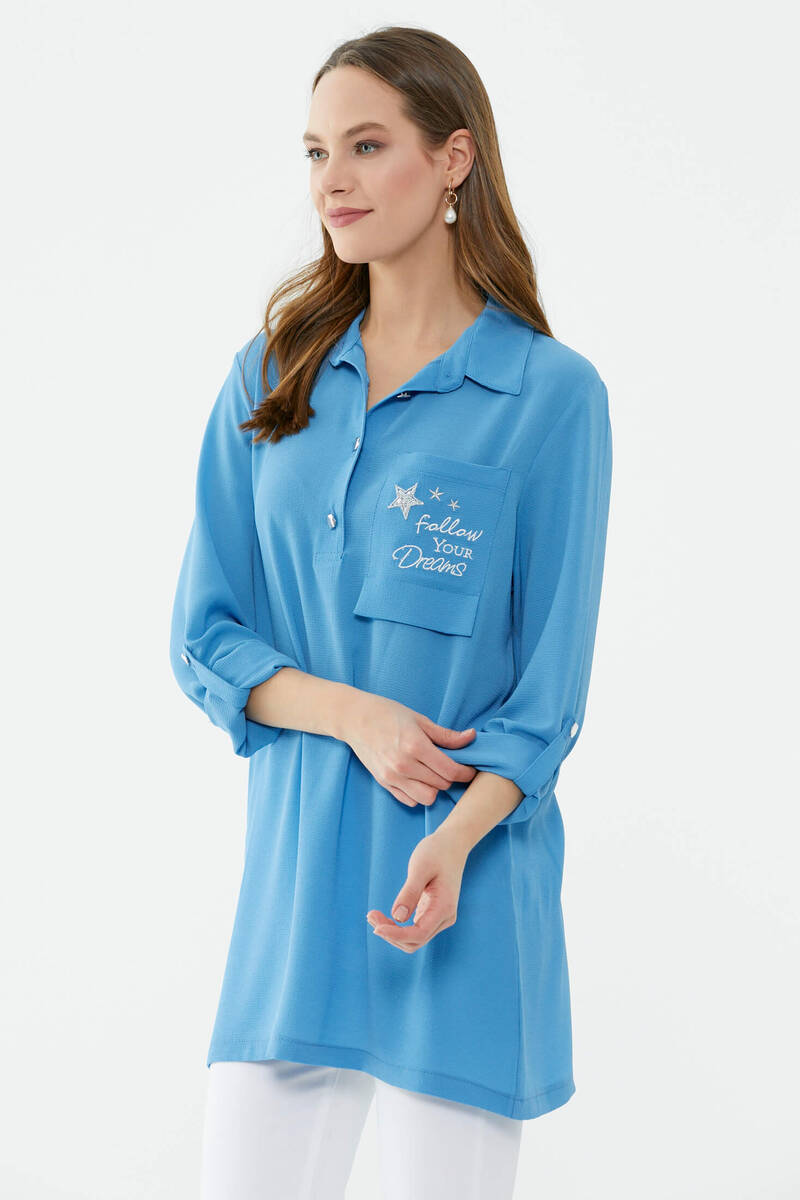 Cep Detaylı Krep Uzun Gömlek - Koyu Mavi (4) Sementa