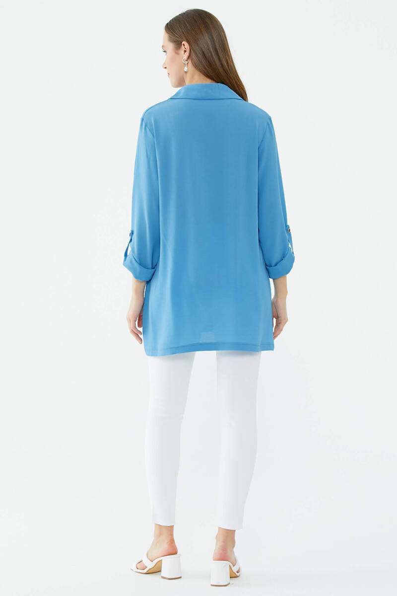 Cep Detaylı Krep Uzun Gömlek - Koyu Mavi (5) Sementa