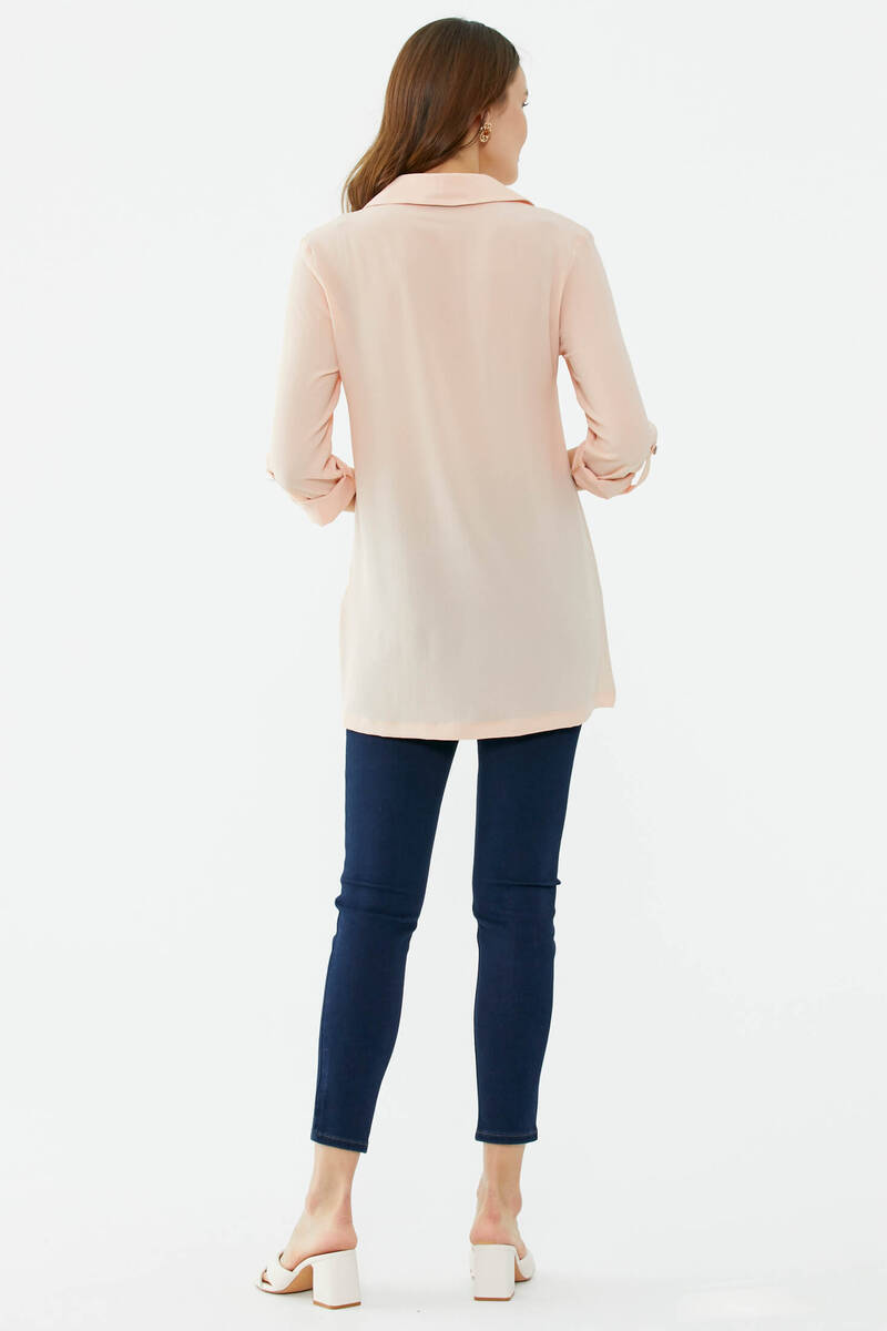 Cep Detaylı Krep Uzun Gömlek - Somon (5) Sementa