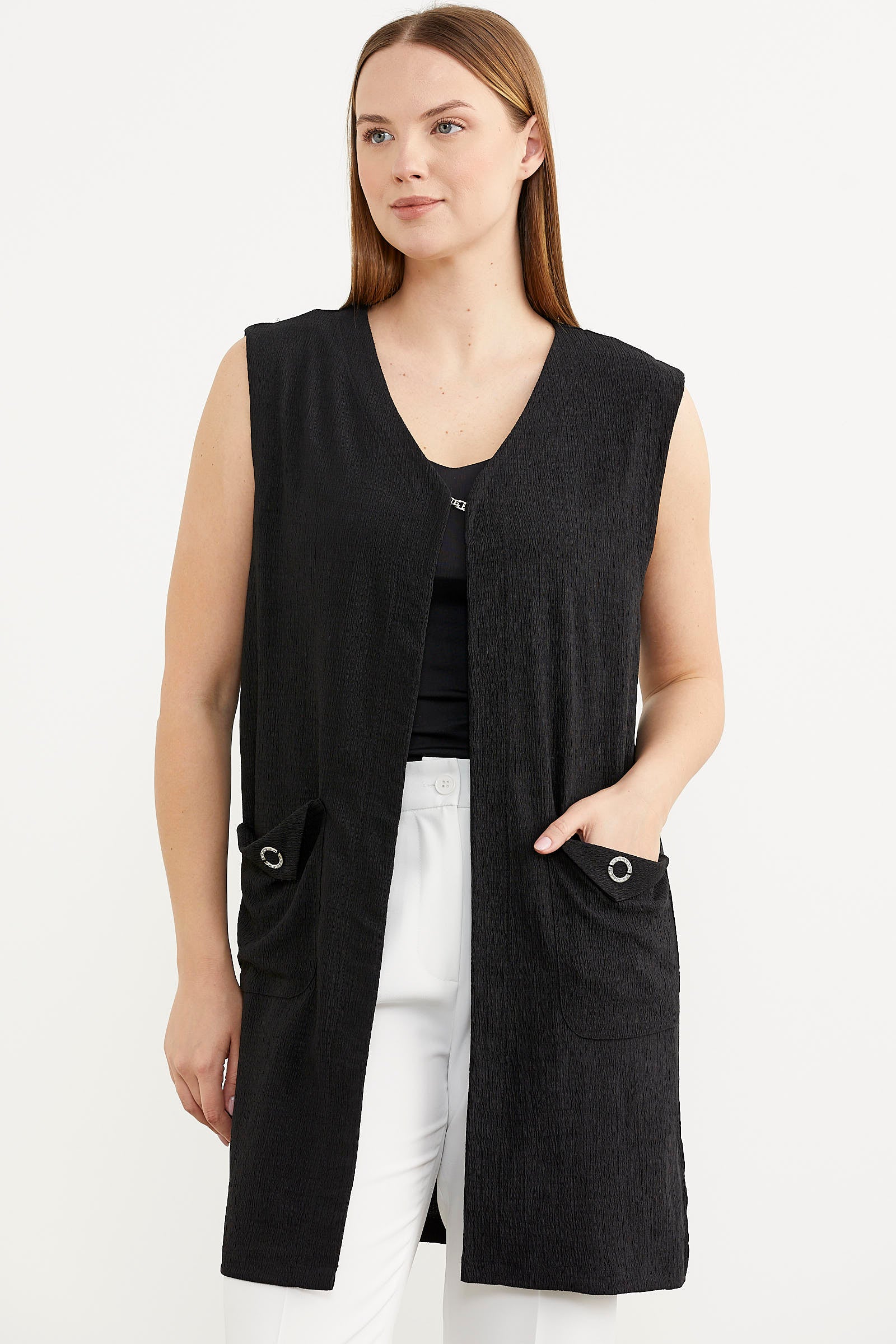 Cep Detaylı Rahat Kalıp Yelek - Siyah (3) Sementa