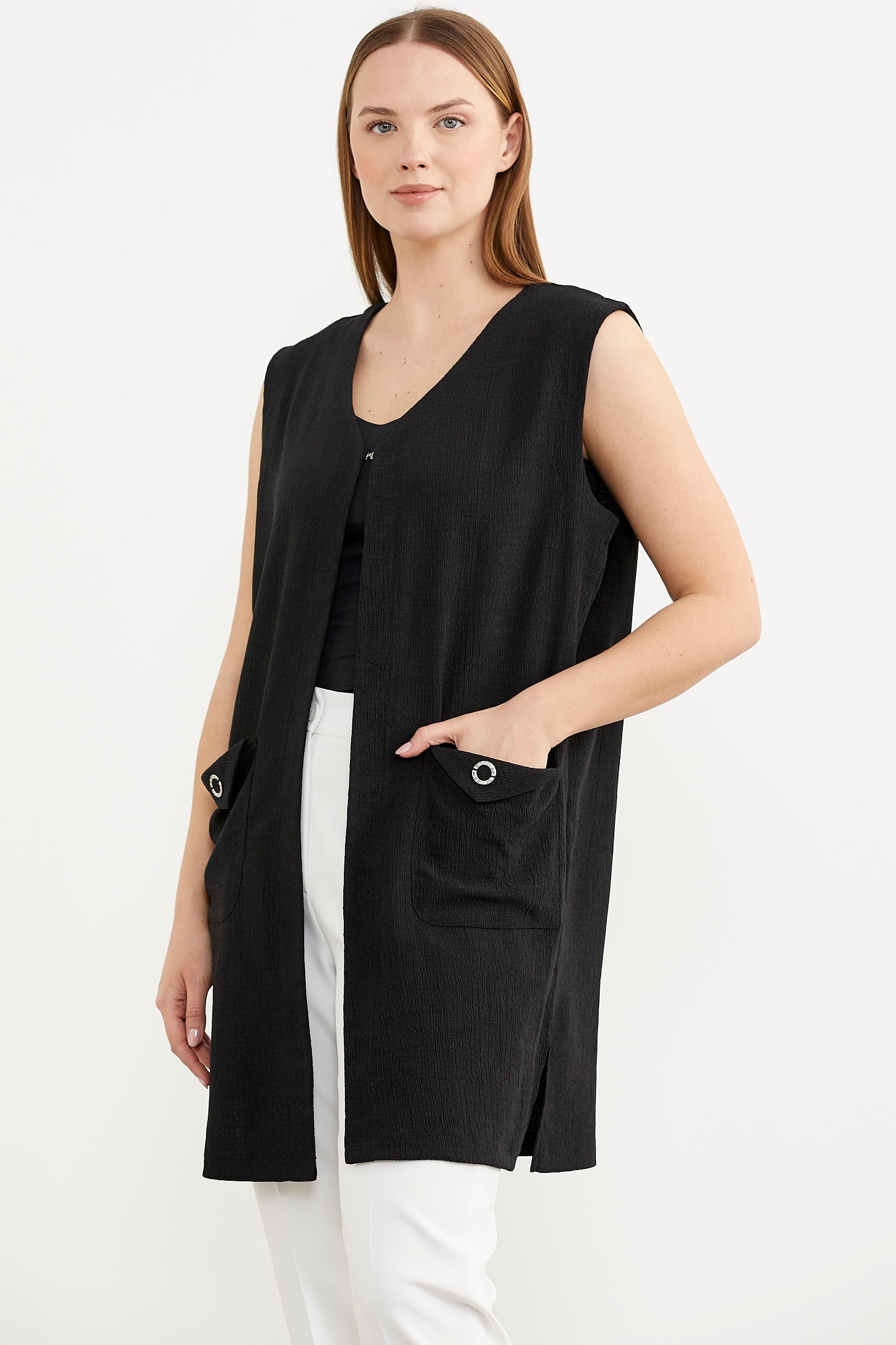 Cep Detaylı Rahat Kalıp Yelek - Siyah (4) Sementa