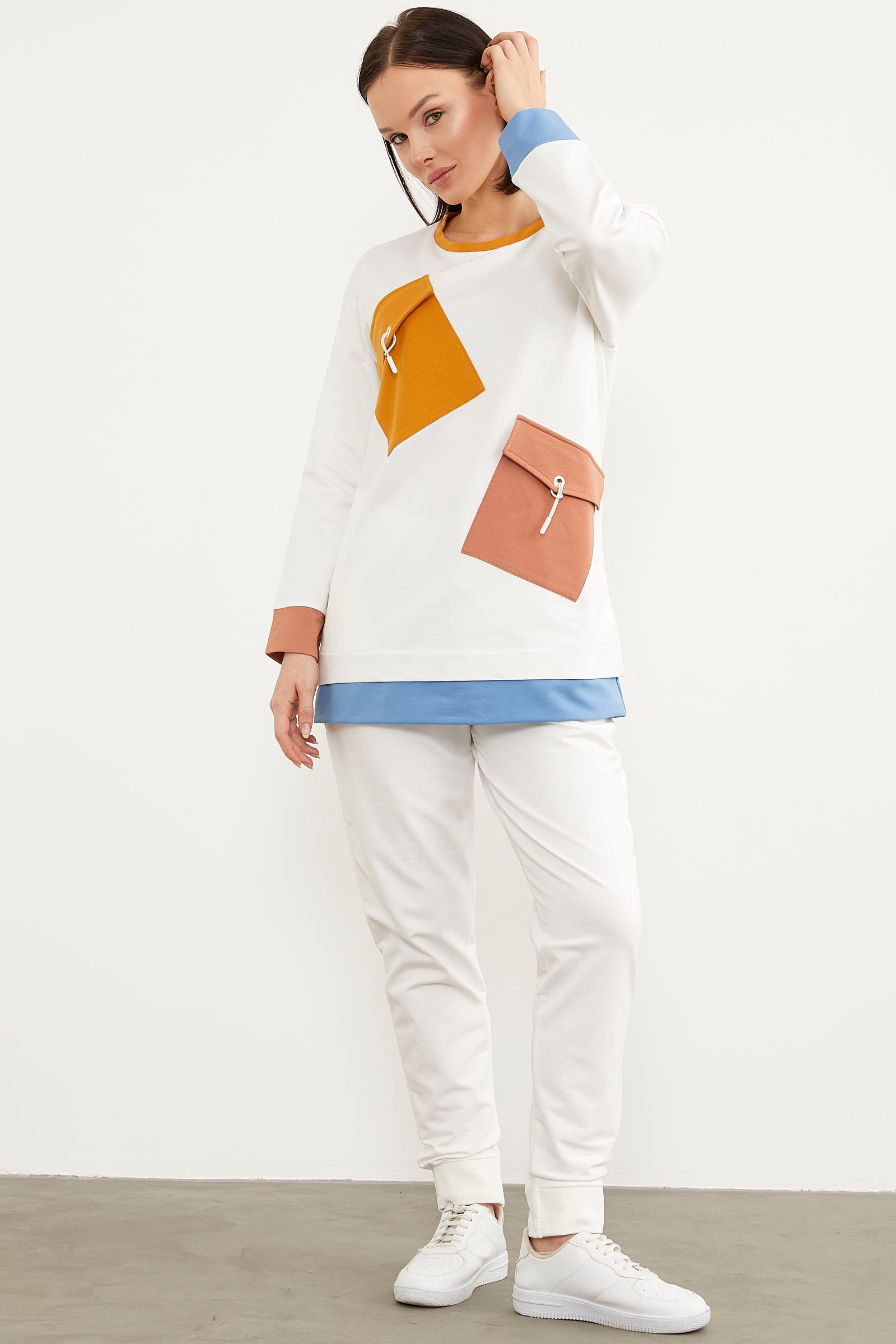 Cep Detaylı Renkli Eşofman Takım - Ekru (3) Sementa