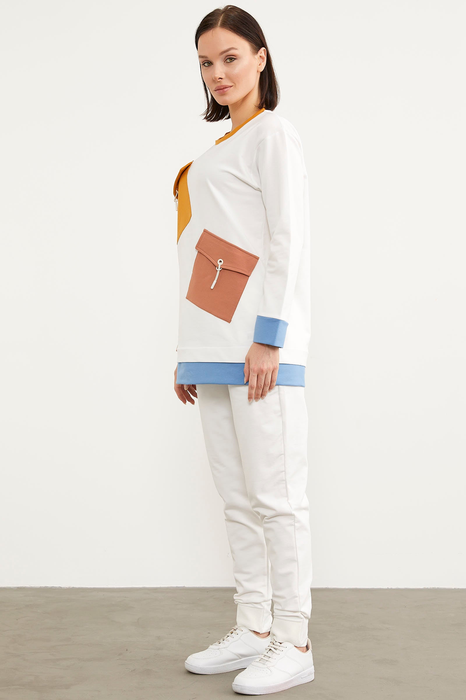 Cep Detaylı Renkli Eşofman Takım - Ekru (4) Sementa