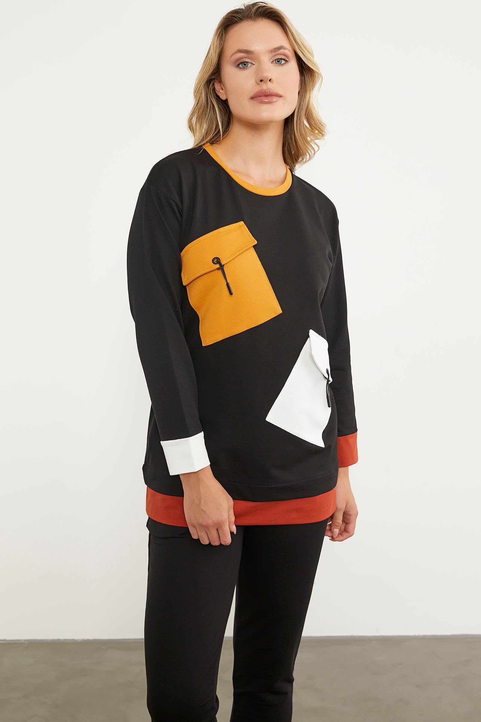 Cep Detaylı Renkli Eşofman Takım - Siyah (3) Sementa