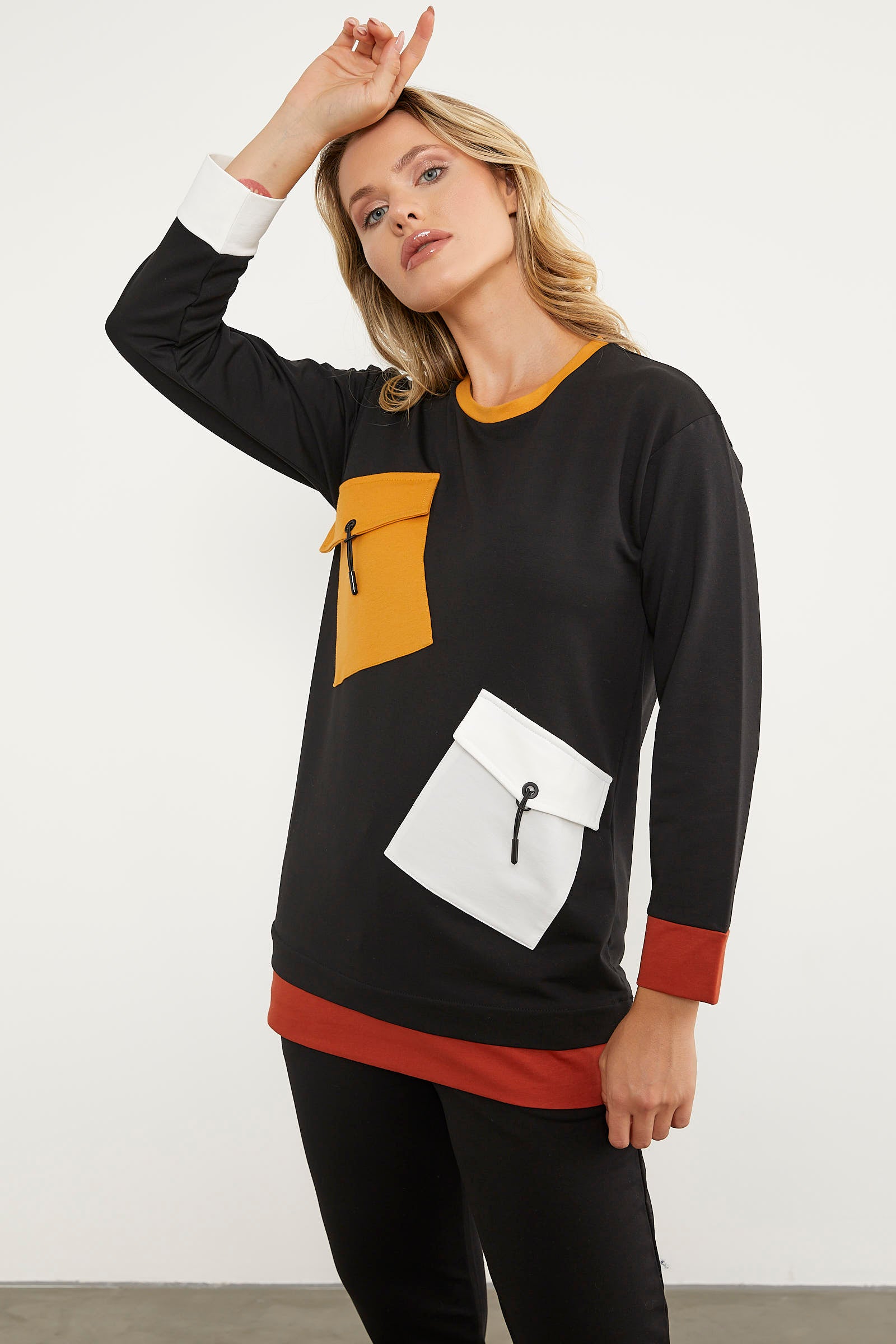 Cep Detaylı Renkli Eşofman Takım - Siyah (5) Sementa