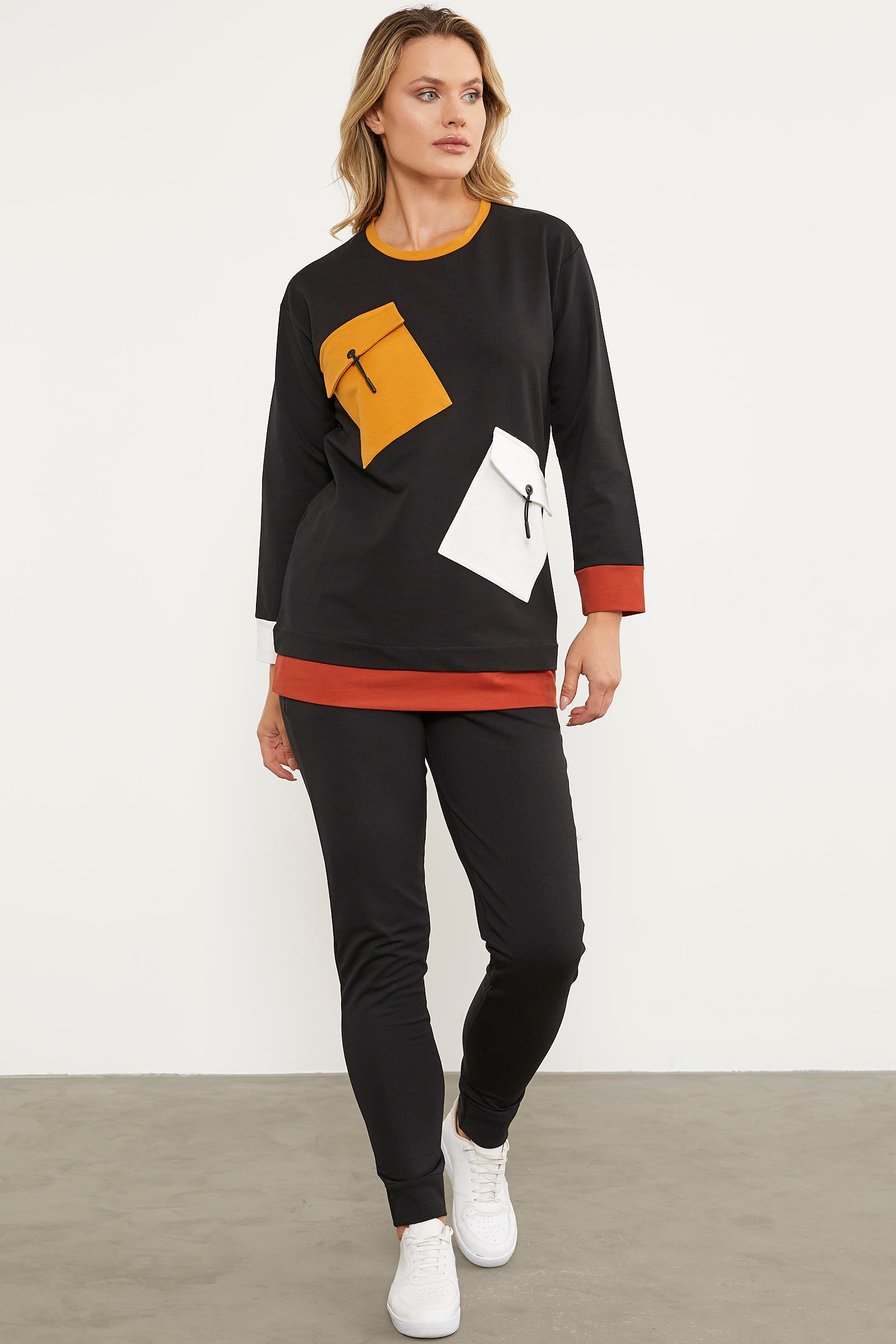 Cep Detaylı Renkli Eşofman Takım - Siyah (2) Sementa