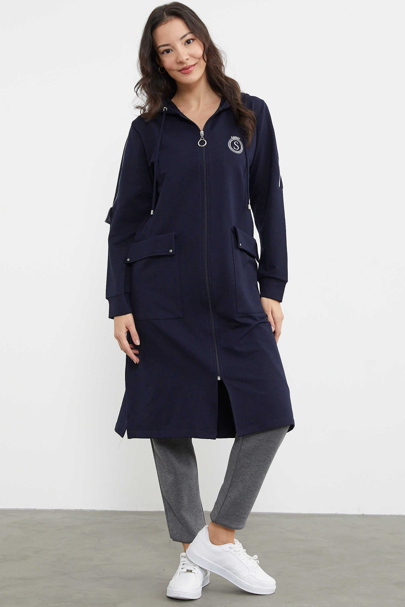 Cep Detaylı Tam Fermuarlı Kap - Lacivert (5) Sementa